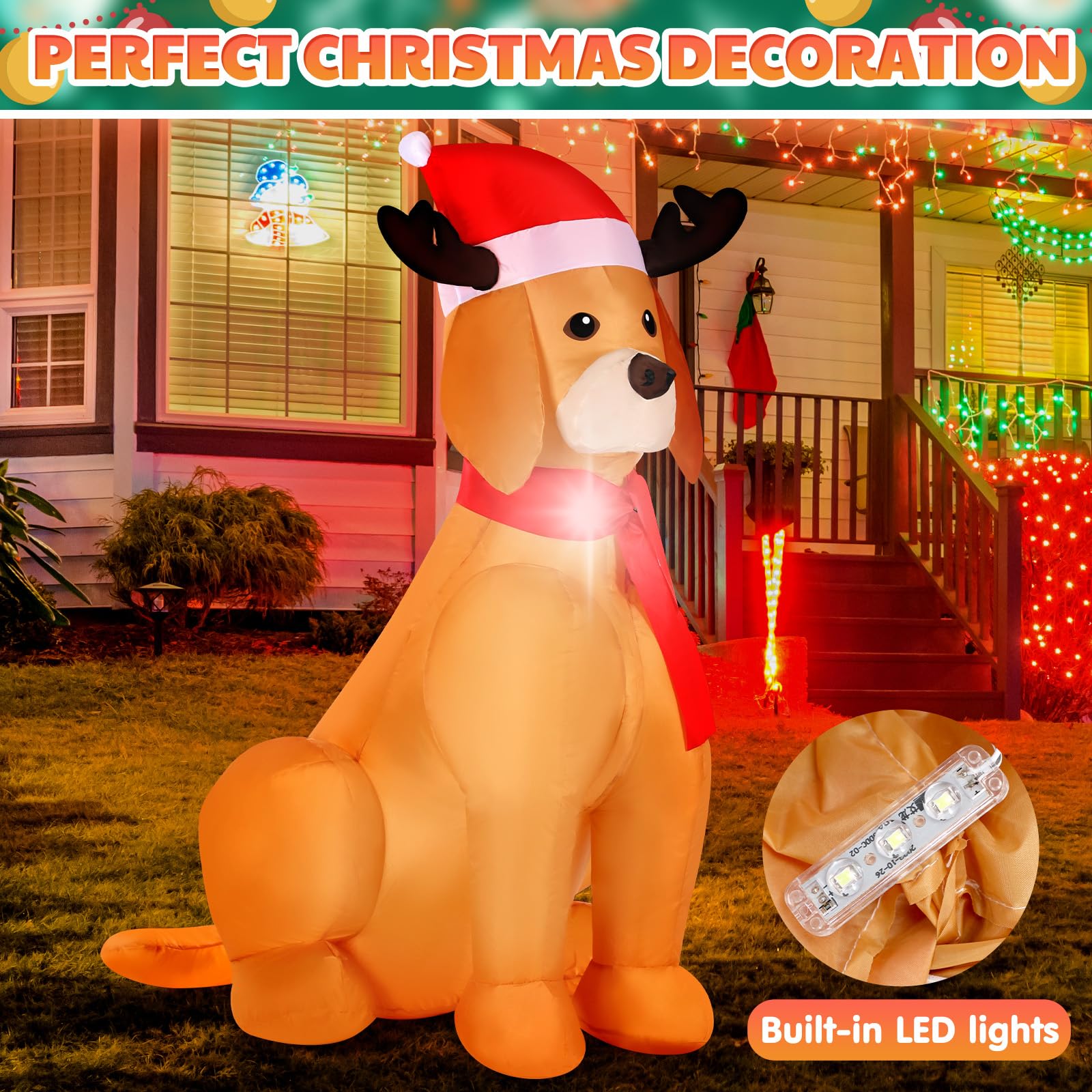 Kitticcino 4 FT Christmas Inflatables Dog Outdoor Decoration Blow Up Golden Retriever with Santa Hat and Scarf Outdoor Indoor Ya