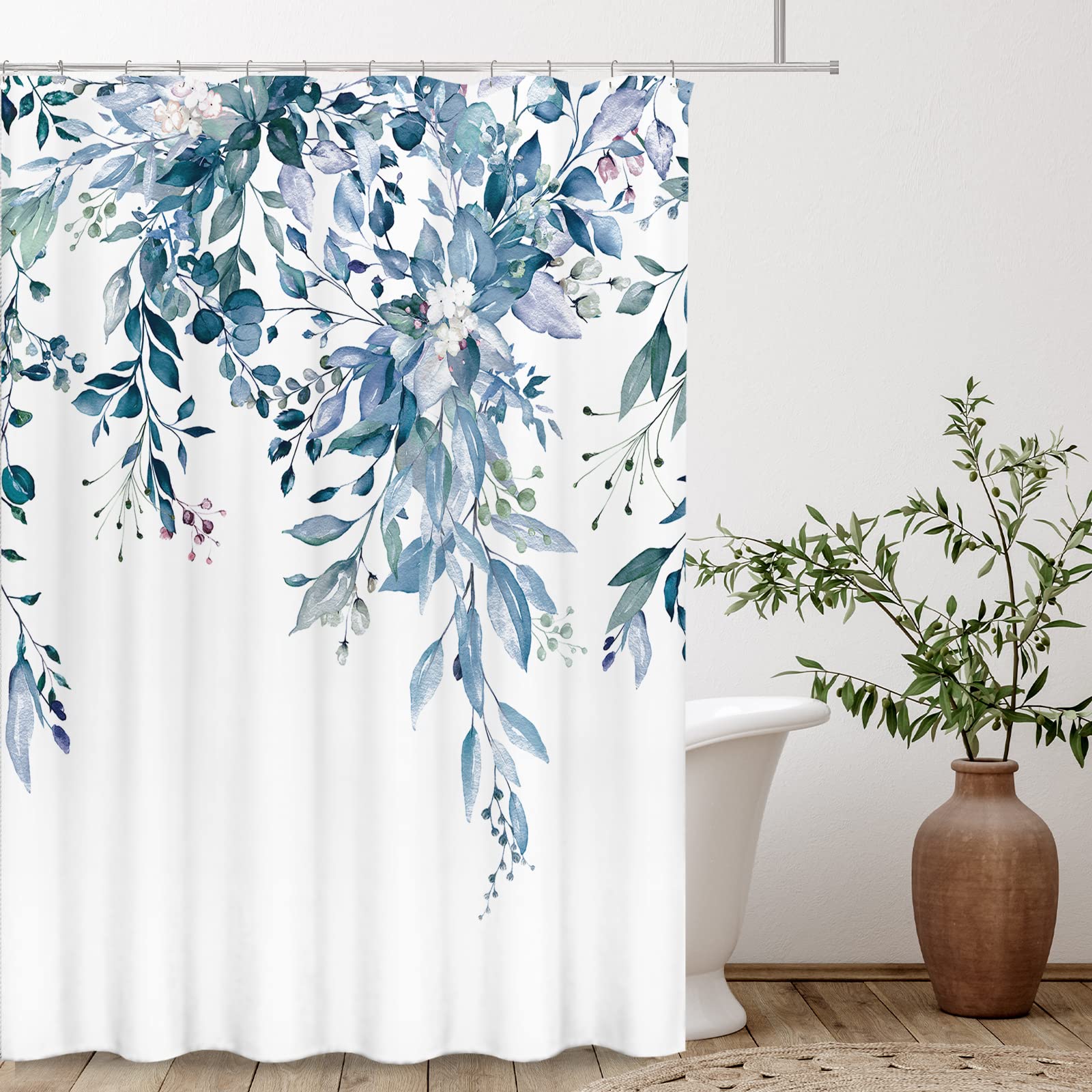 Tititex Blue Eucalyptus Leaves Shower Curtain Sets, Watercolor Leaves On The Top Plant With Floral Bathroom Decoration 60X72 Inc