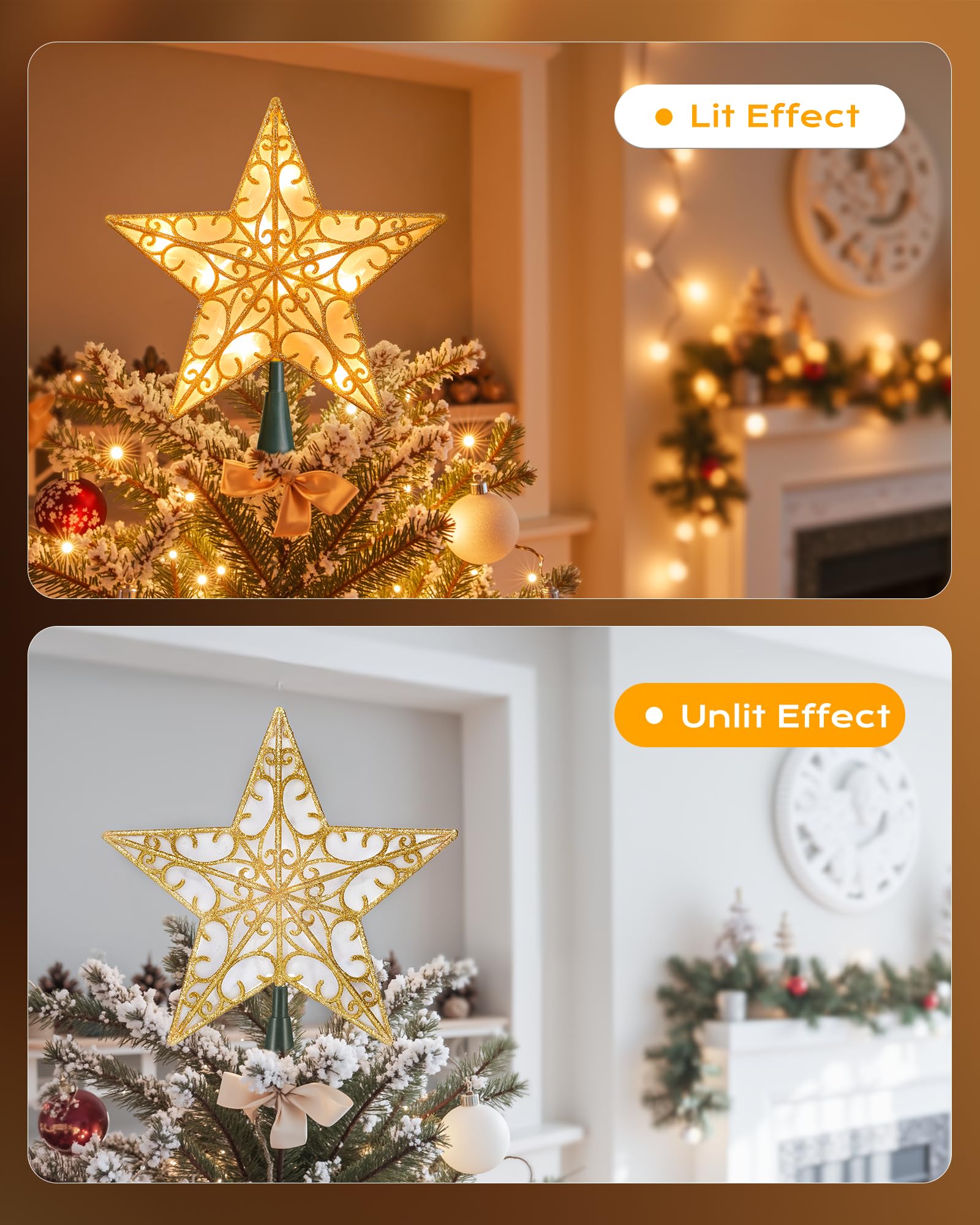 Christmas Star Tree Topper, Plug in Sliver Glittered 3D Star Tree Topper, Metal Hollow Designed Built-in 10 Bulbs String Lights