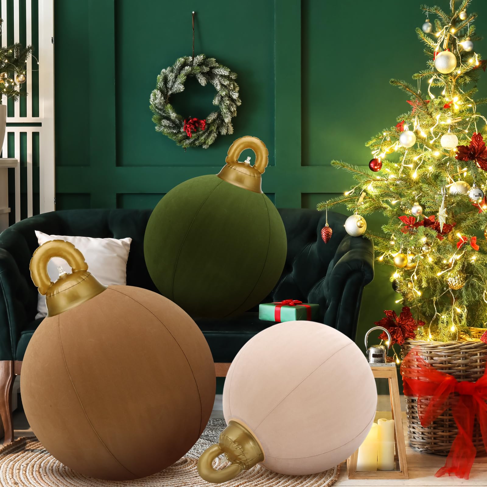 Jenaai 3 Pcs Giant Velvet Christmas Inflatable Ball Ornament Large PVC Christmas Inflatable Balls 3 Size 24  20  18  Xmas Hangin