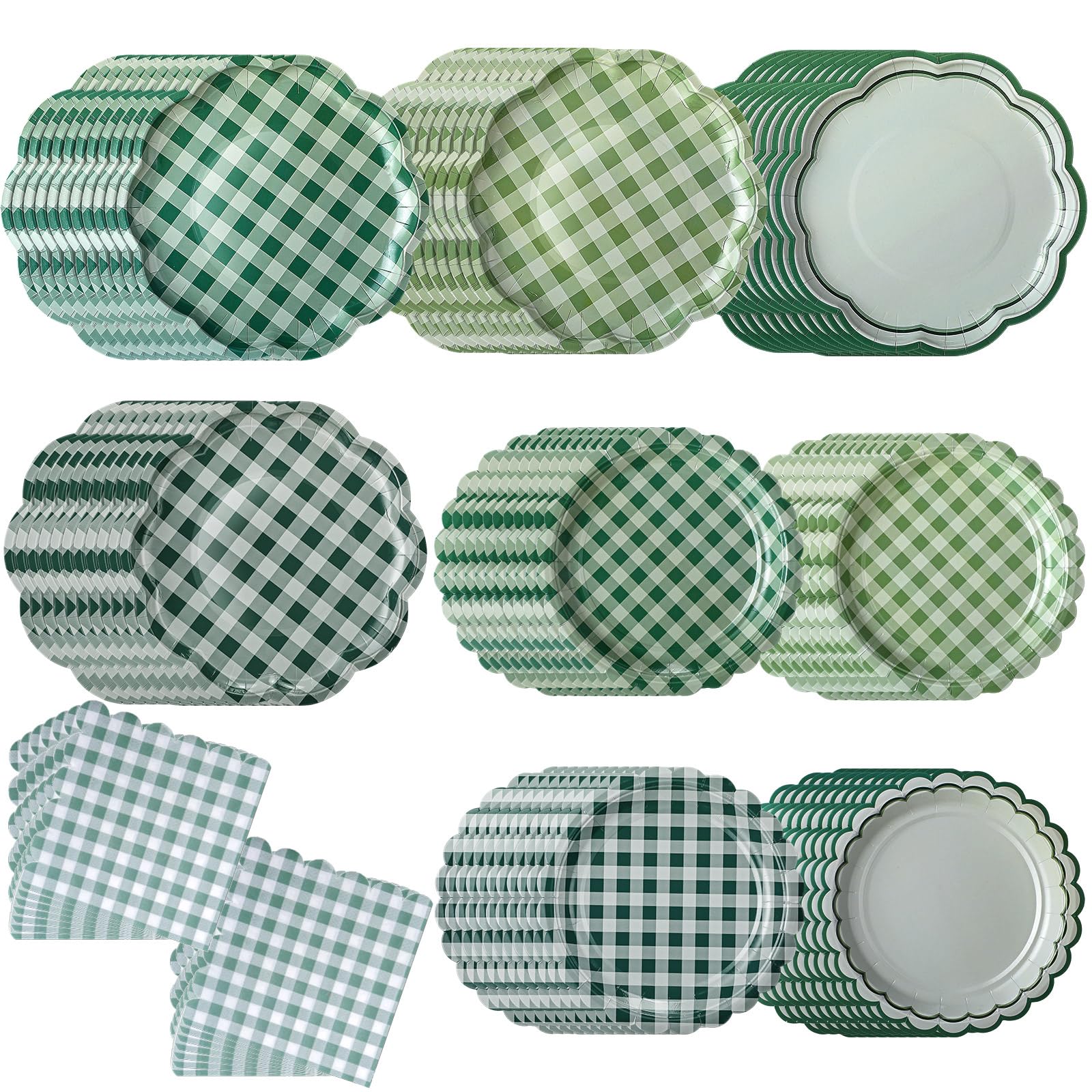 Skybooly 144 Pcs 48 Guests Green Gingham Plates and Napkins Party Supplies Scalloped Green Gingham Paper Plates Napkins Checkere