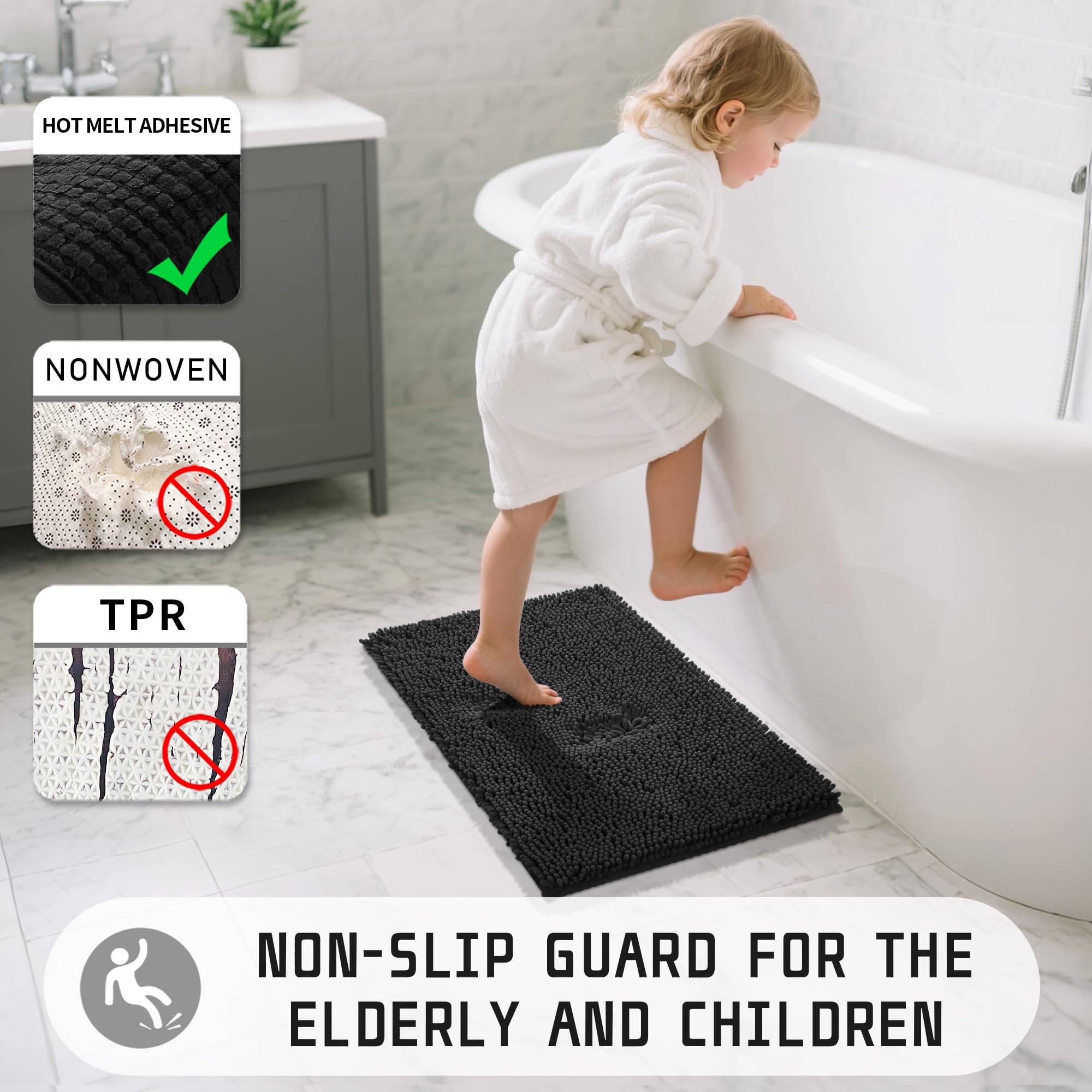 Yimobra Chenille Bathroom Rug  32x20Inch  Extra Soft Shaggy Bath Rugs  Non-Slip Bathroom Floor Mat  Water Absorbent  Thick Durable  Machine Washable  Plush Microfiber Rugs for Shower Bathtubs  Black