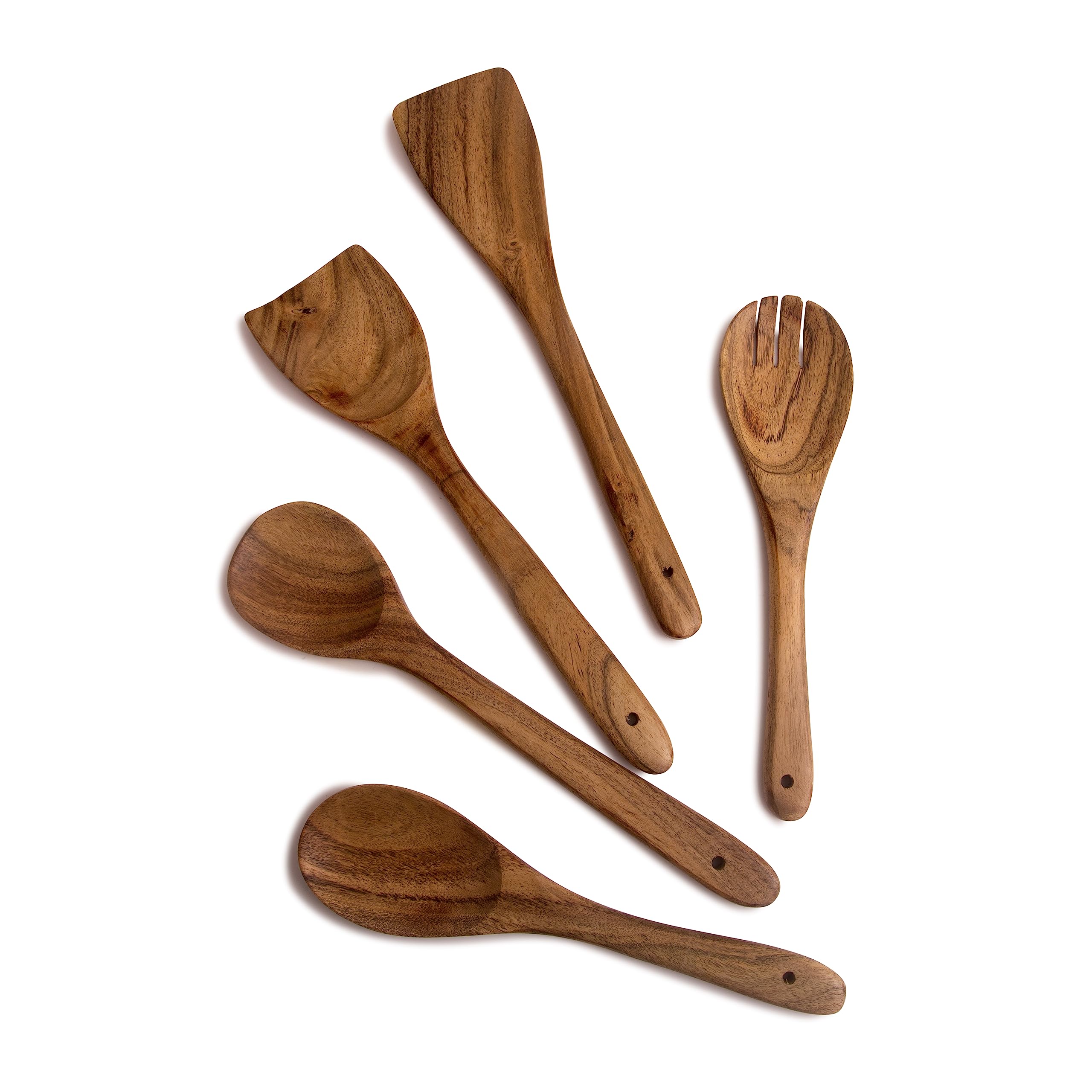 5 Piece Non-Stick Acacia Wooden Cutlery Spoon Set For Cooking, Wood Kitchen Utensils Salad Spoon Fork & Turner, Ladle & Flat Spa