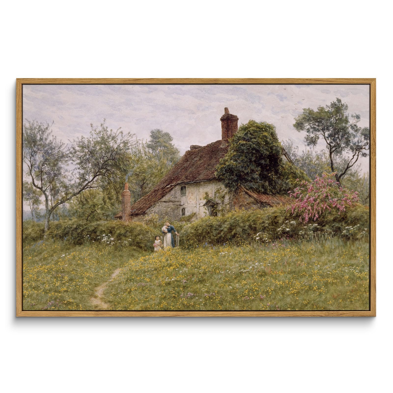 Insimsea Framed Canvas Wall Art Vintage Decor, Old Cottages Countryside Landscape Large Canvas Wall Art, Rustic Farmhouse Wall D