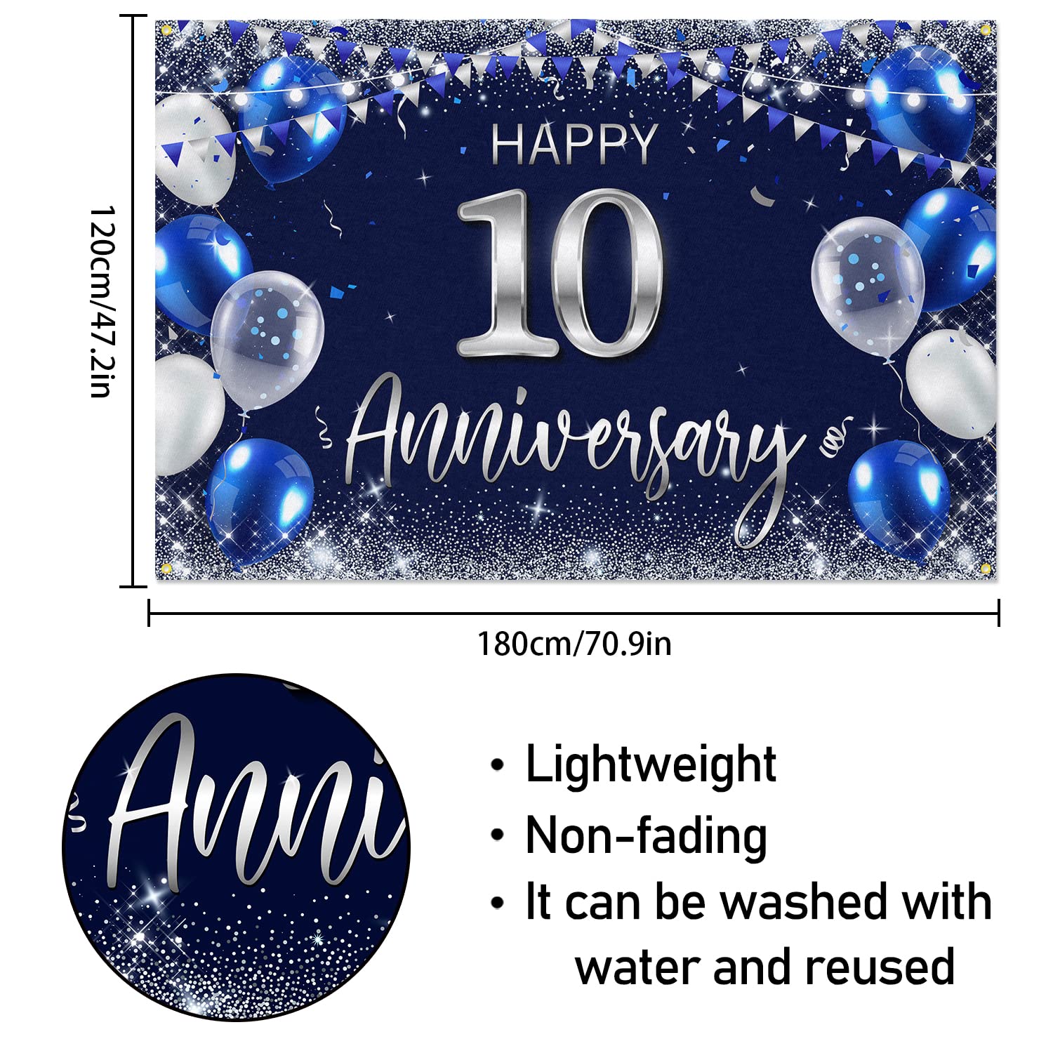 Happy 10Th Anniversary Backdrop Banner Decor Navy Blue - Silver Glitter Happy 10 Years Wedding Anniversary Party Theme Decoratio