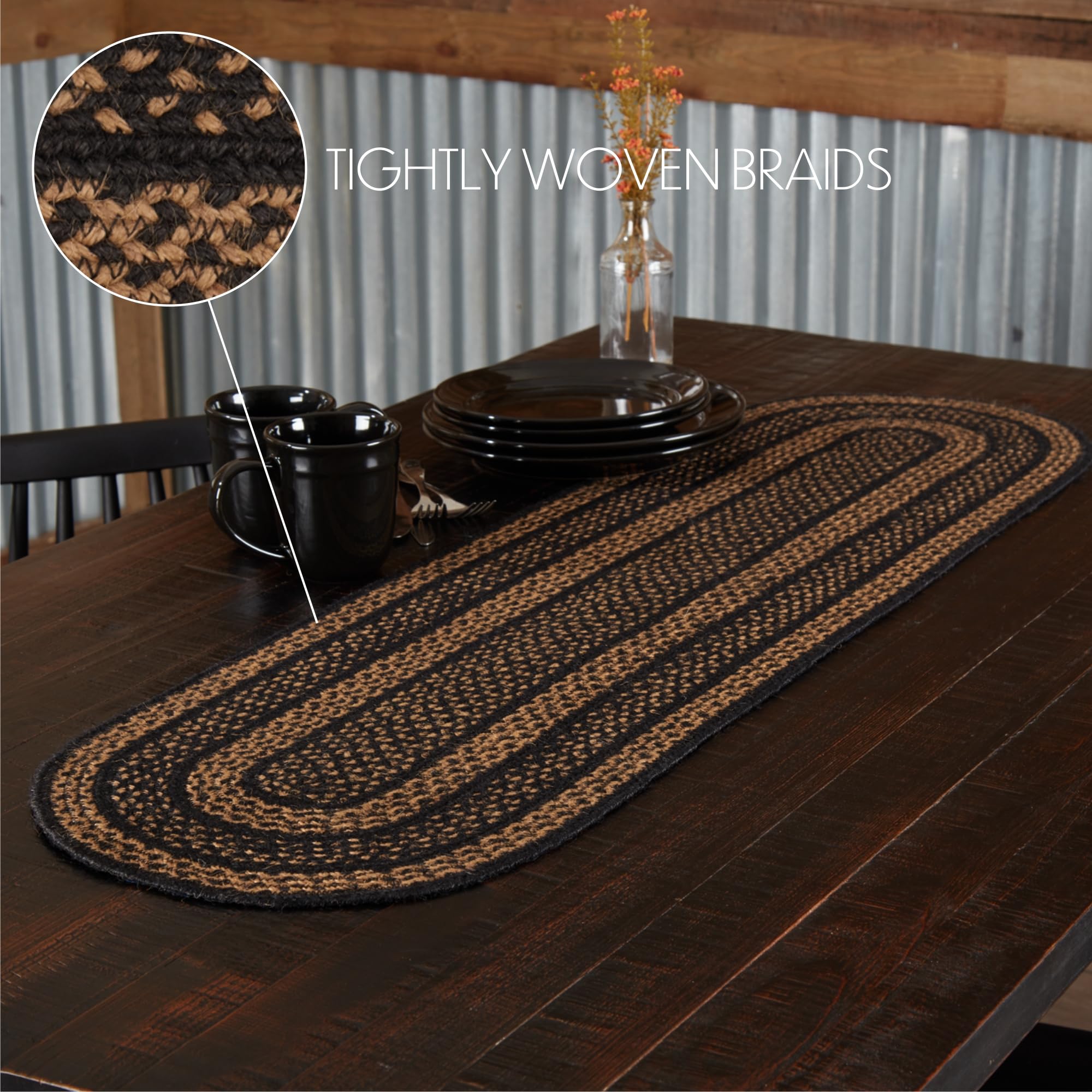 Vhc Brands Farmhouse Primitive Jute Black Striped Oval Table Runner Decor 13''X48''