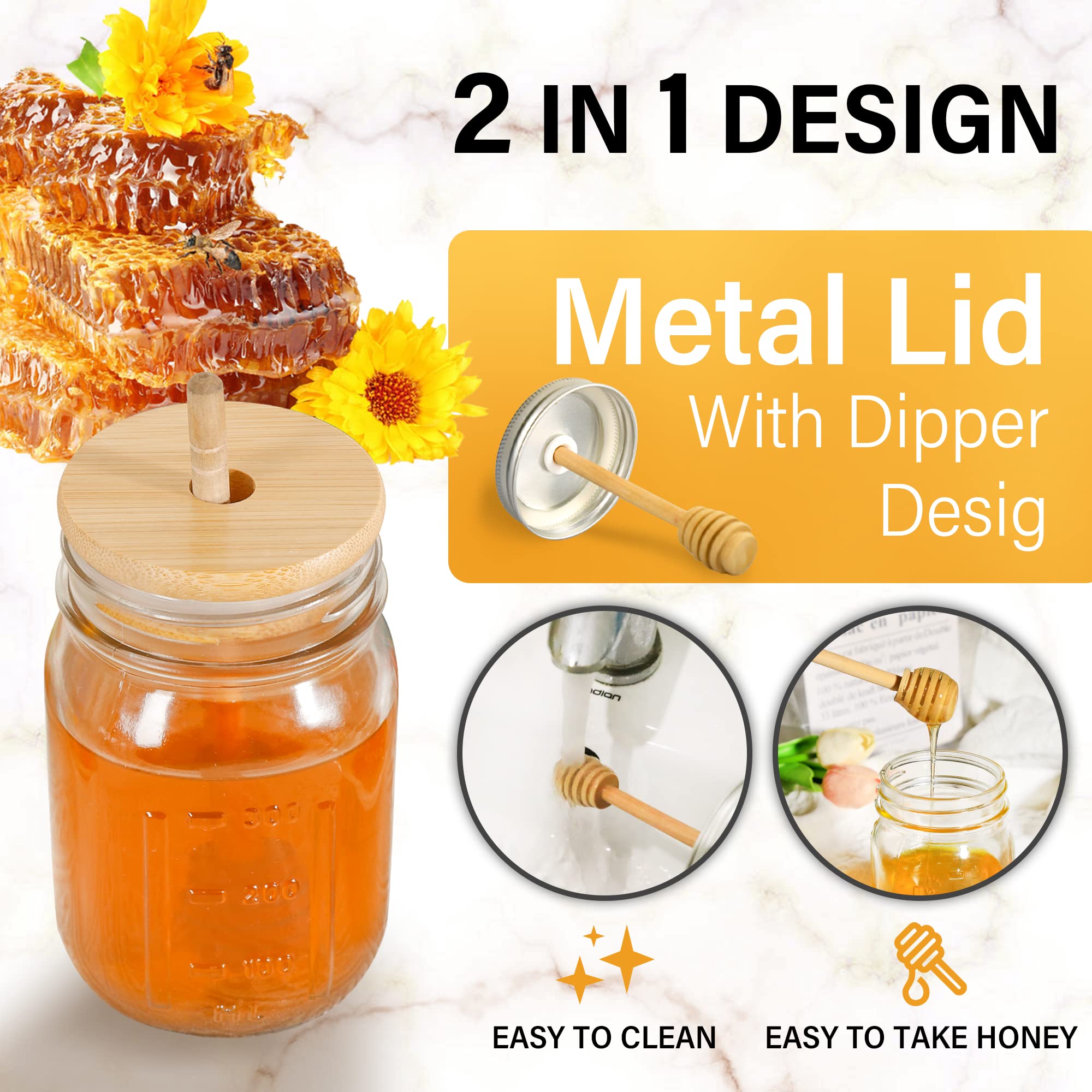 Givameihf 16Oz Glass Honey Jar With Dipper,Honey Container With Wooden Honey Dipper,Honey Jars With Lids,Honey Pot Ideal For Hon