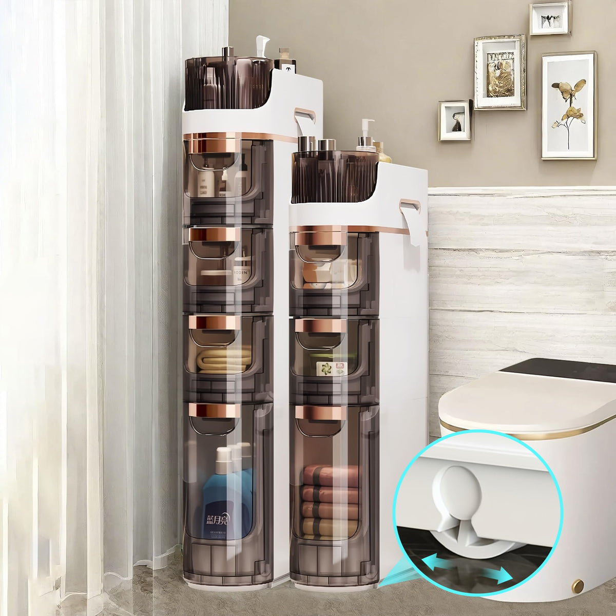 4 Drawers Slim Bathroom Storage Cabinet, Narrow Floor Cabinet With Wheels Toilet Paper Holder, Waterproof Bathroom Storage Organ