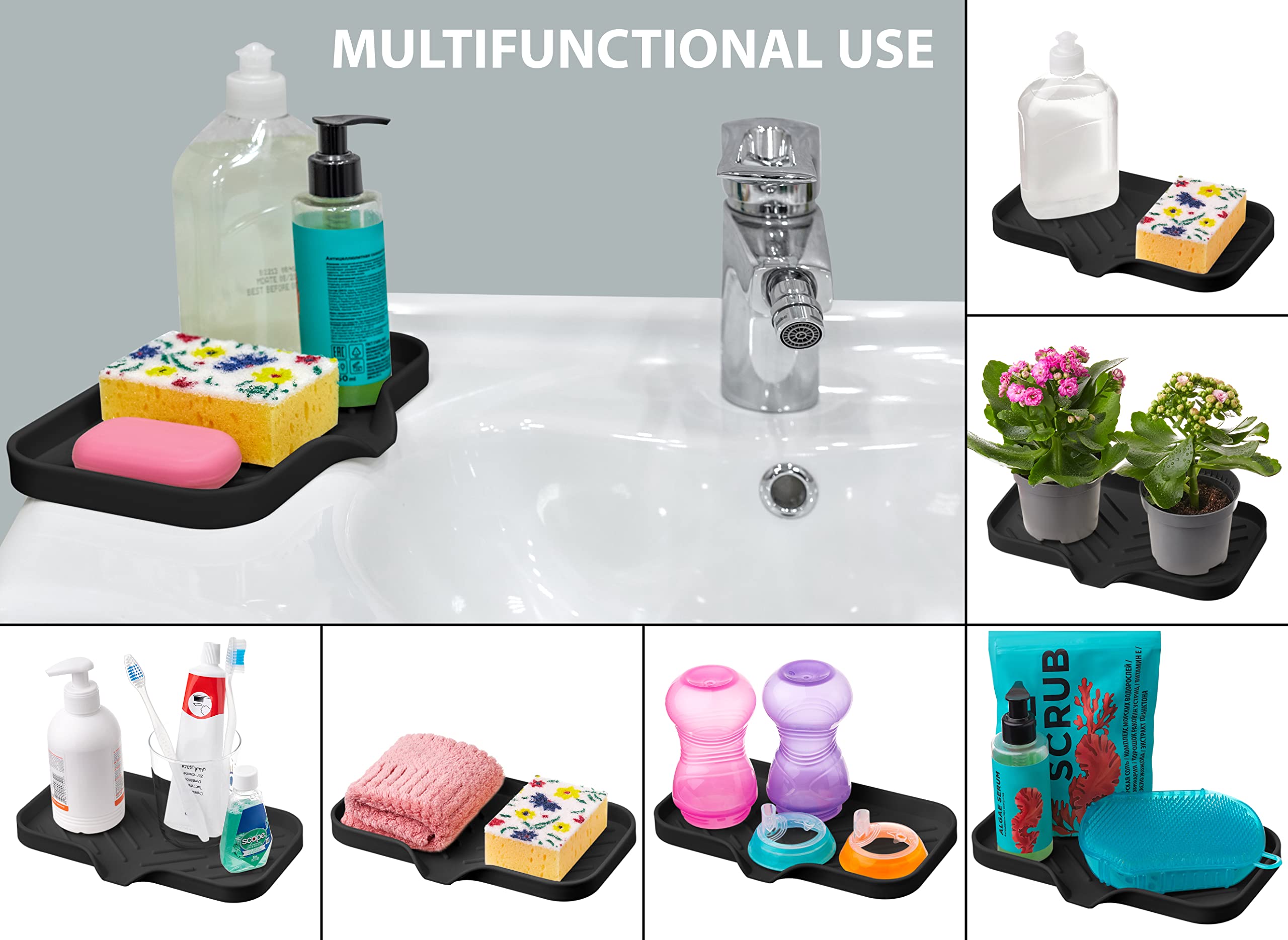 Multi-Functional Black Soap Holder For Kitchen Sink - Soap Bar Holder, Sink Sponge Holder, Dish Soap Holder - Space-Saving Sink