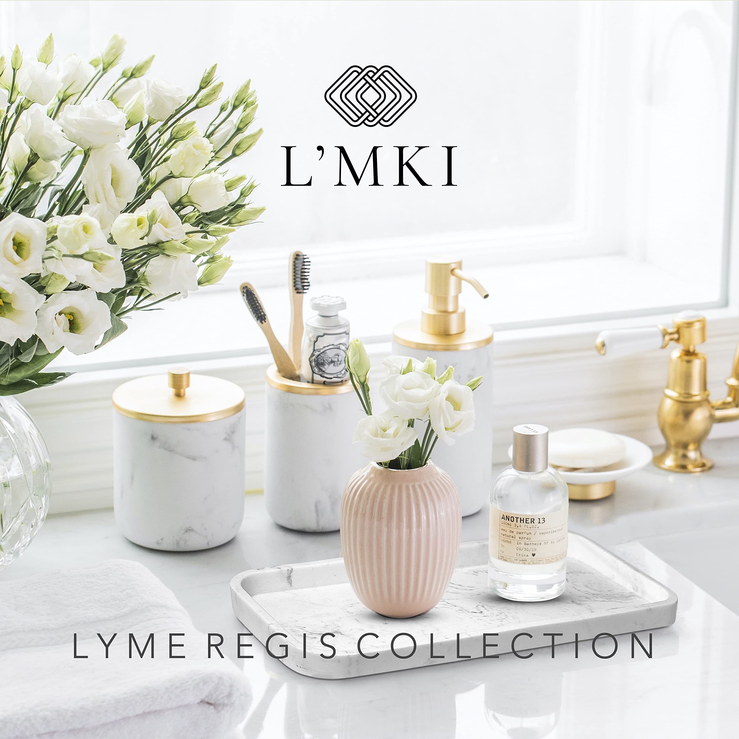 Bathroom Soap Dispenser Set - Bathroom Toothbrush Holder Set, Marble, Gold, Farmhouse Bathroom Decor, 5 Piece Bathroom Accessori