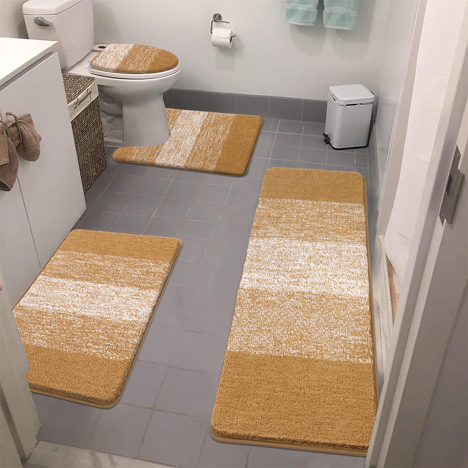 Bsmathom Bathroom Rugs Sets 4 Piece With Toilet Cover, Plush Shaggy Absorbent Bath Rugs For Bathroom, Non-Slip Machine Washable