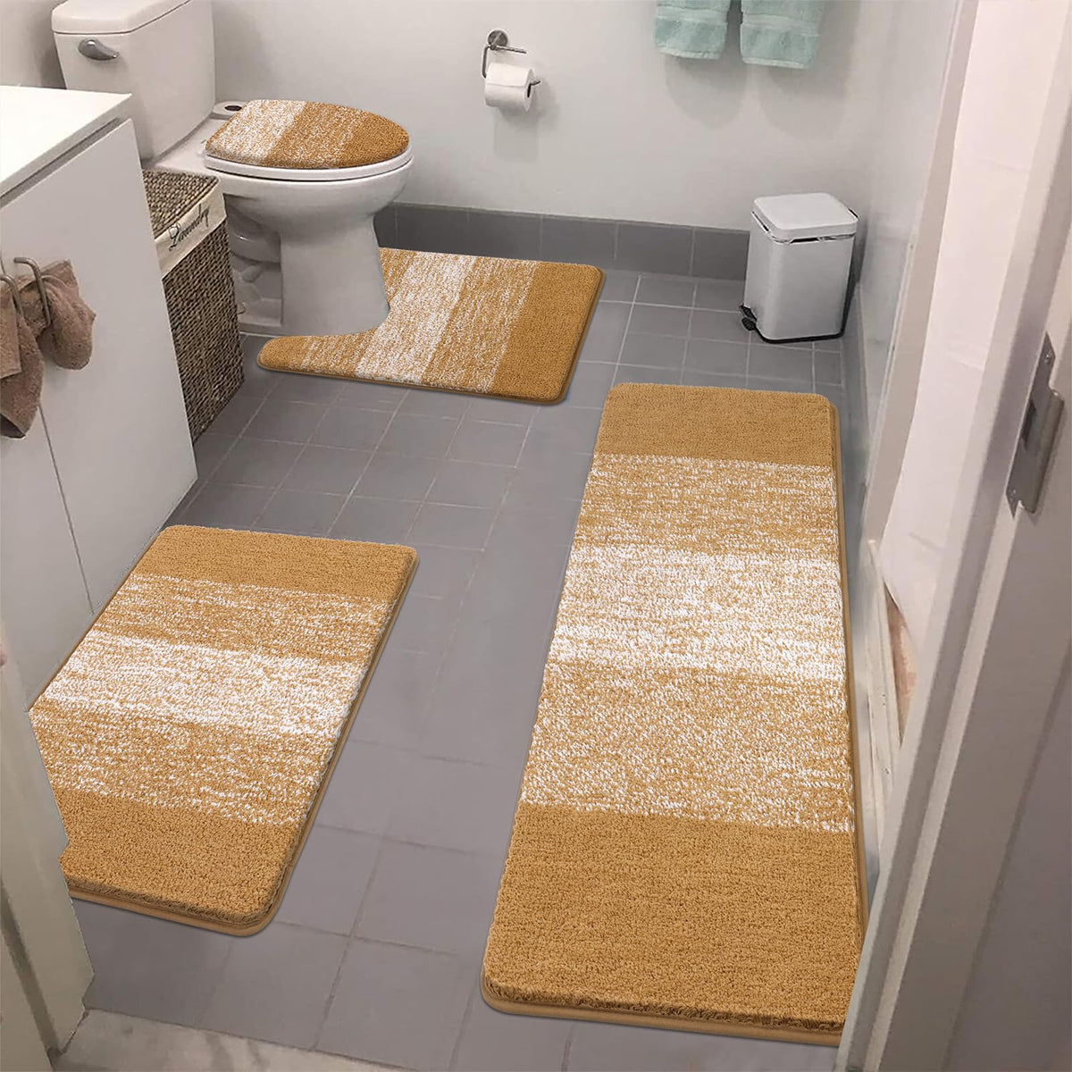 Bsmathom Bathroom Rugs Sets 4 Piece With Toilet Cover, Plush Shaggy Absorbent Bath Rugs For Bathroom, Non-Slip Machine Washable