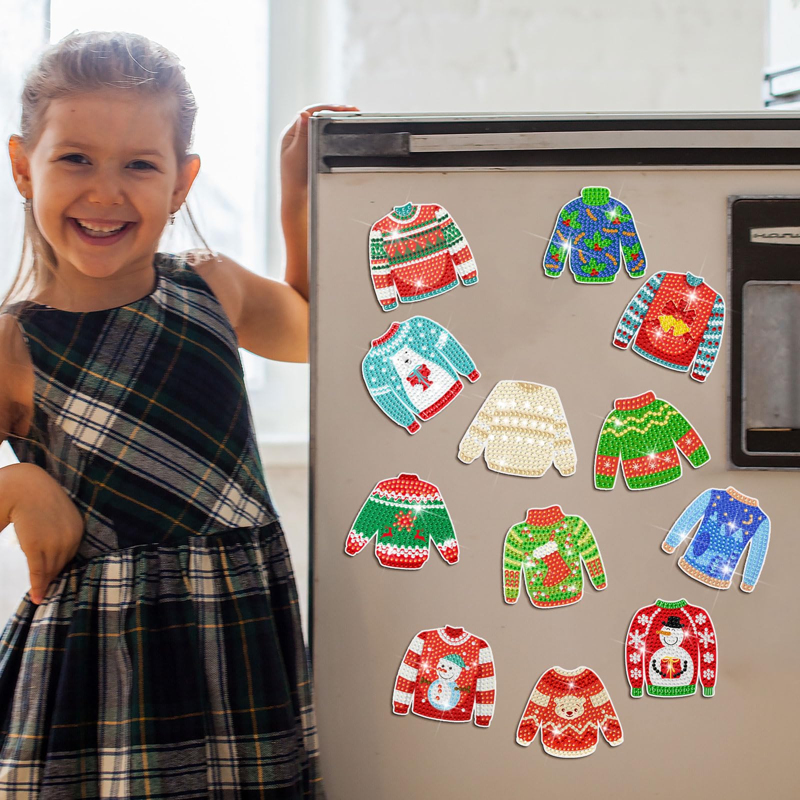 Motipuns 30 Pcs Christmas Magnetic Diamond Art Decor Holiday Ugly Sweater Diamond Magnets Kits Winter Fridge Magnet Refrigerator