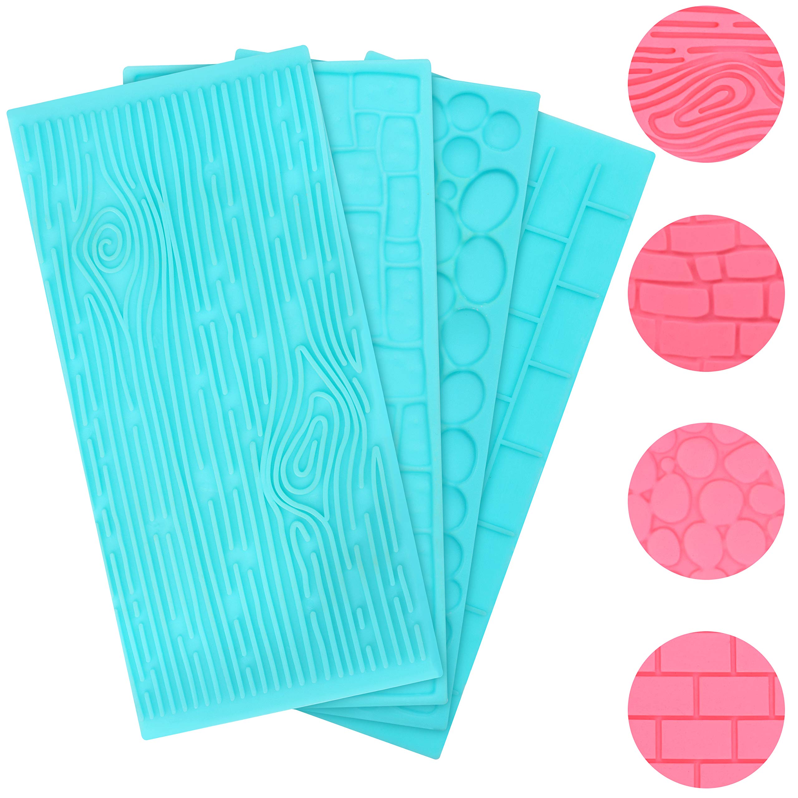 Kurtzy 4 Pack Plastic Embossing Fondant Icing Chocolate Cake Set - Brick, Wood, Cobble And Pebble Stone Designs - Blue 3D Decora
