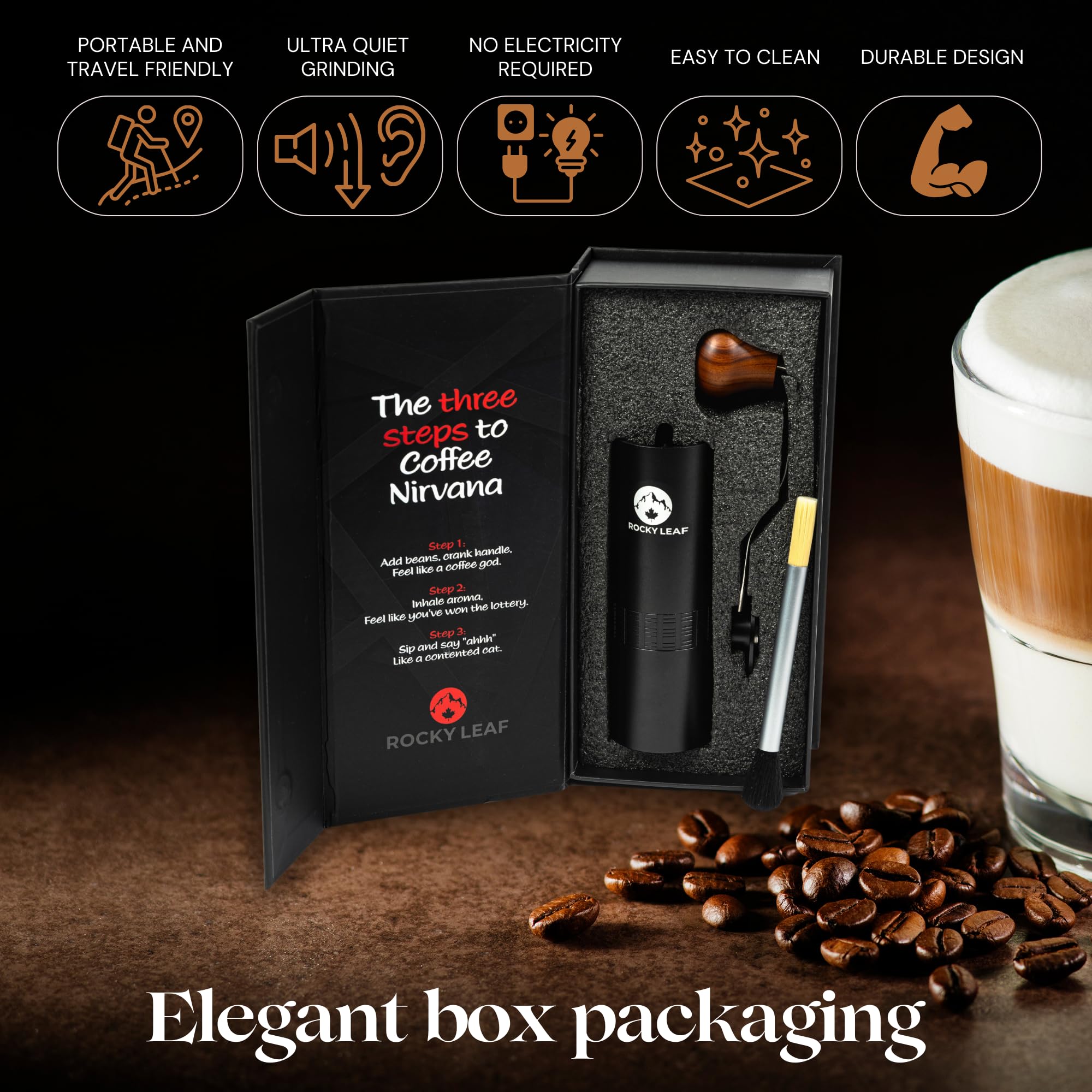 Rocky Leaf Manual Coffee Grinder, Capacity 25G With Adjustable Stainless Steel Burr Coffee Grinder Manual, Faster Grinding Espre