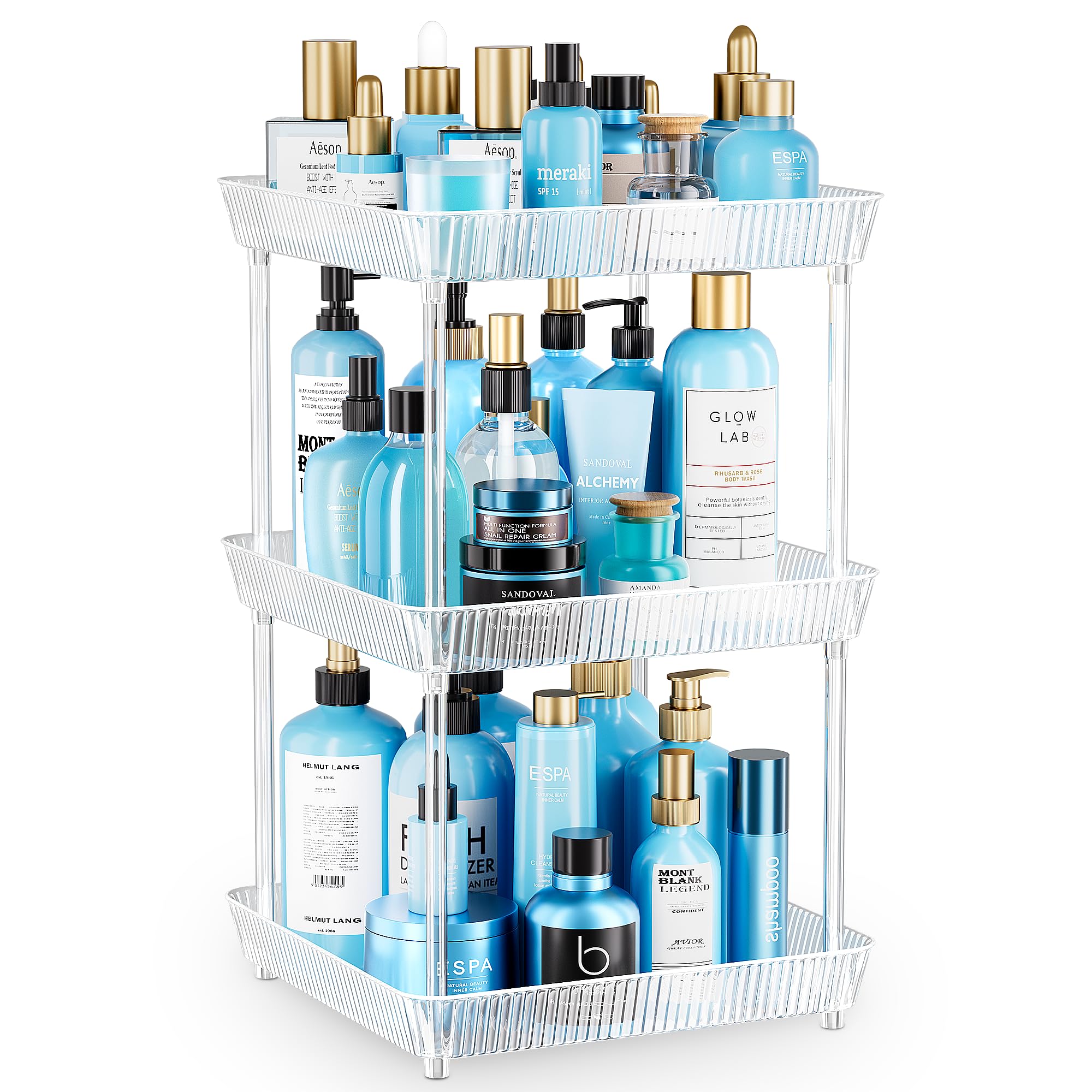 3 Tier Lazy Susan Bathroom Countertop Organizer, 360 Clear Rotating Square Storage Tray, Cosmetics and Perfume Organizer, Spinni