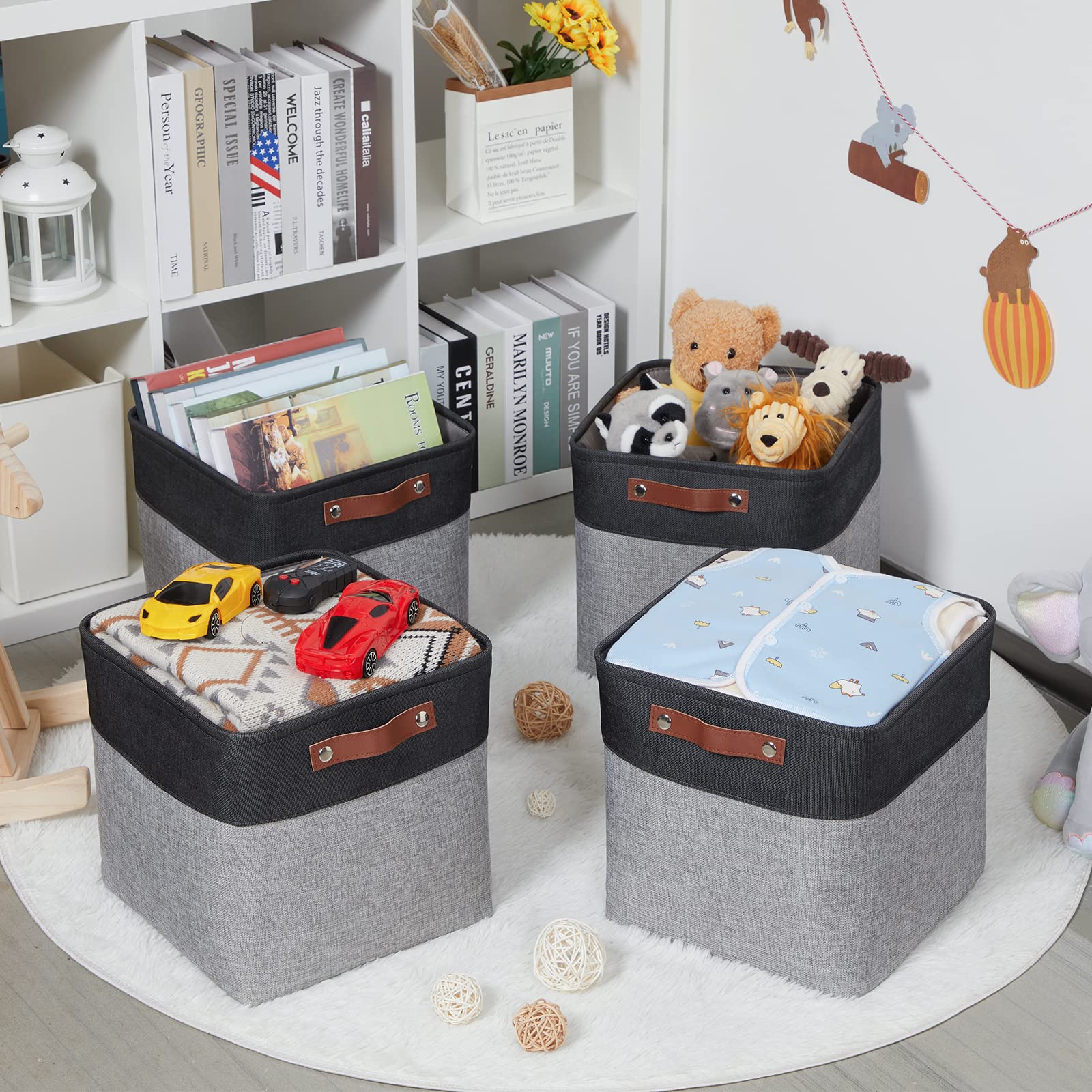 HNZIGE Decorative Storage Basket(4 Pack ) Linen Cube Storage Baskets for Organizing Toys Books Towels Blankets 12x12 Baskets for Storage Clothes with Handles(Black&Grey)