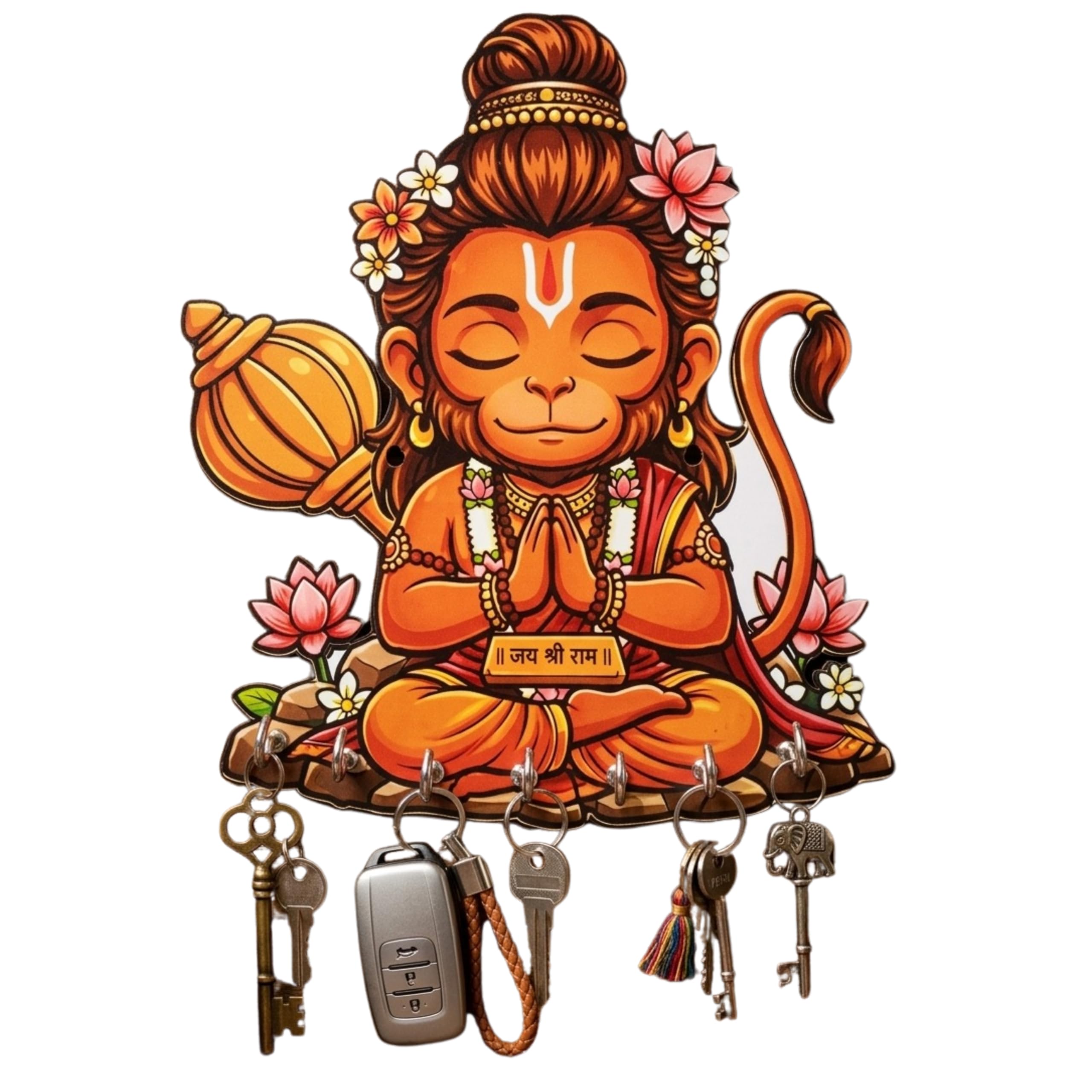 Aaryon Collection Baby Hanuman Wooden Key Holder For Wall  Decorative Bajrangbali Key Hanger With 7 Hooks | Spiritual Home Deco