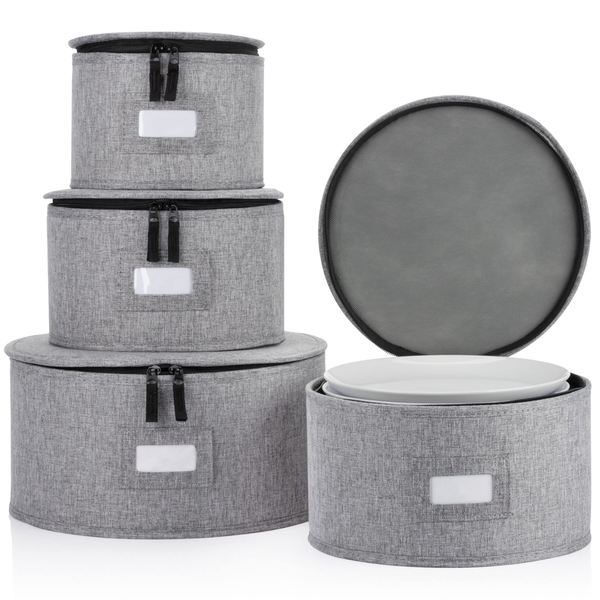 Set of 4 china Storage cases for Dinnerware - Hard Shell and Stackable - Sizes: 12 - 10 - 85 and 7 W - 48 Plate Separators Inclu