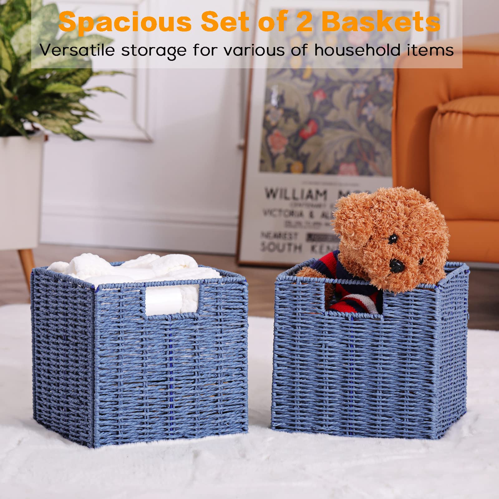 Vagusicc Wicker Storage Basket, Set Of 2 Handwoven Paper Rope Collapsible Woven Baskets, 9'' X 9'' X 9'' Cube Storage Bins With