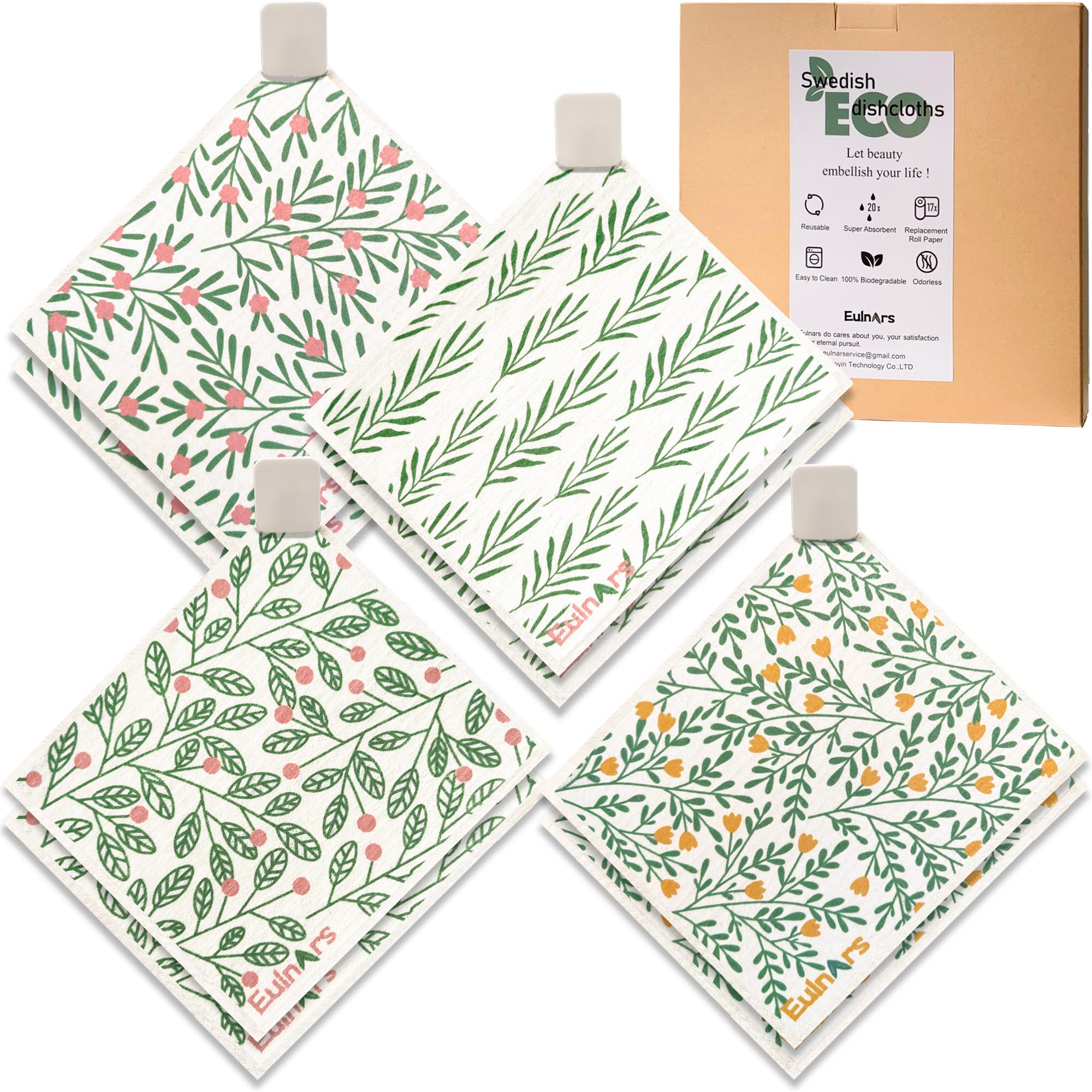 Eulnars Swedish Dishcloths for Kitchen, 8 Pack Green Reusable Paper Towels with Clips, Non-Scratch Swedish Kitchen Towels, Super