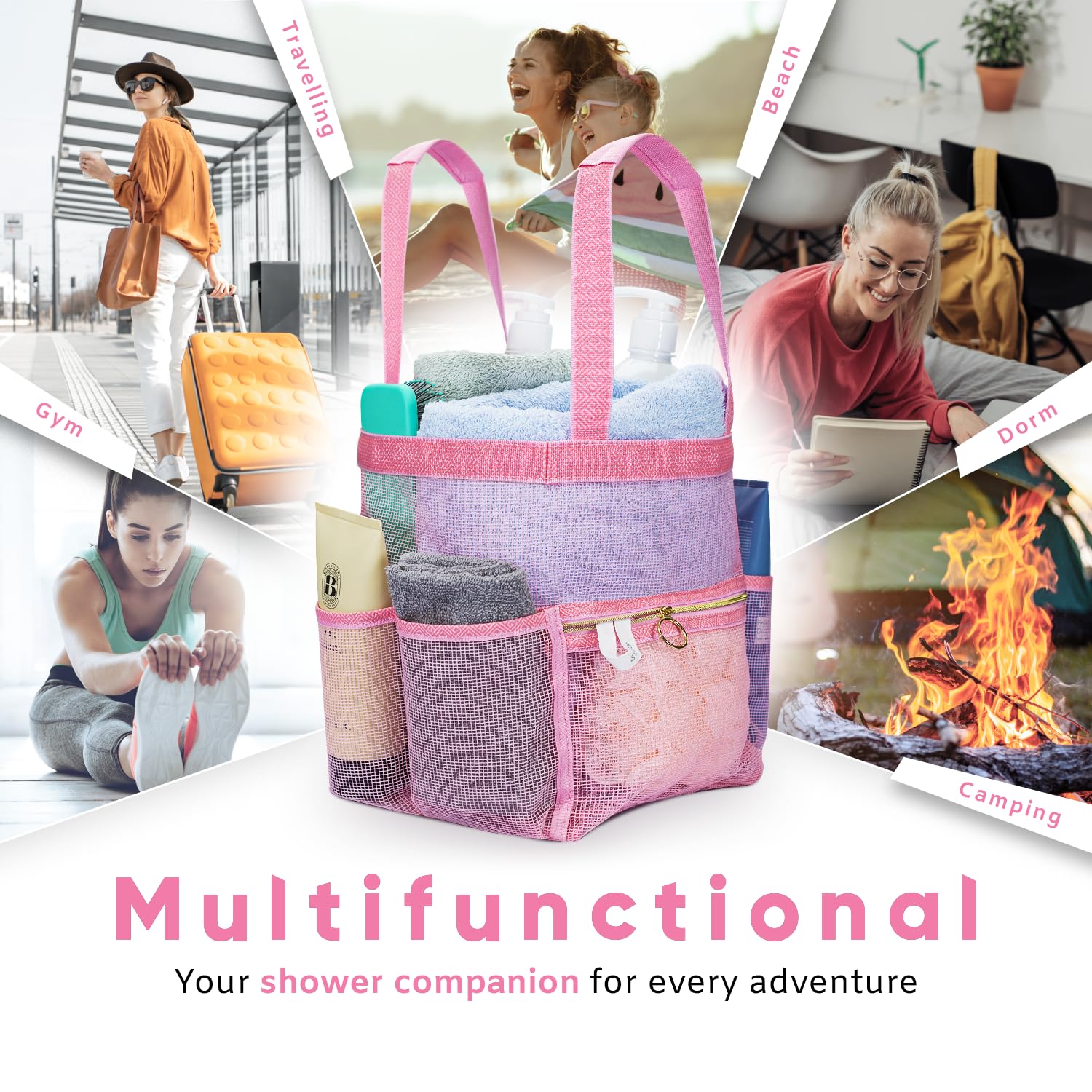 Dv Lifestyle Mesh Shower Caddy Dorm, 7 Pockets & 1 With Zipper, Shower Tote With Padded Handles, Travel Shower Caddy Portable, S