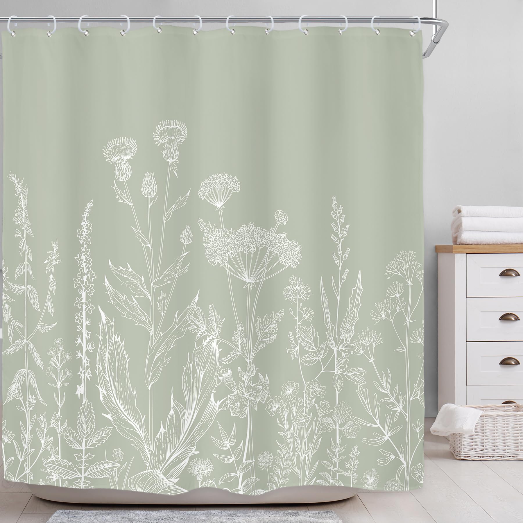 Riyidecor Sage Green Floral Wildflower Shower Curtain For Bathroom Decor 72Wx72H Plant Herbs Botanical Spring Nature Leaf Rustic