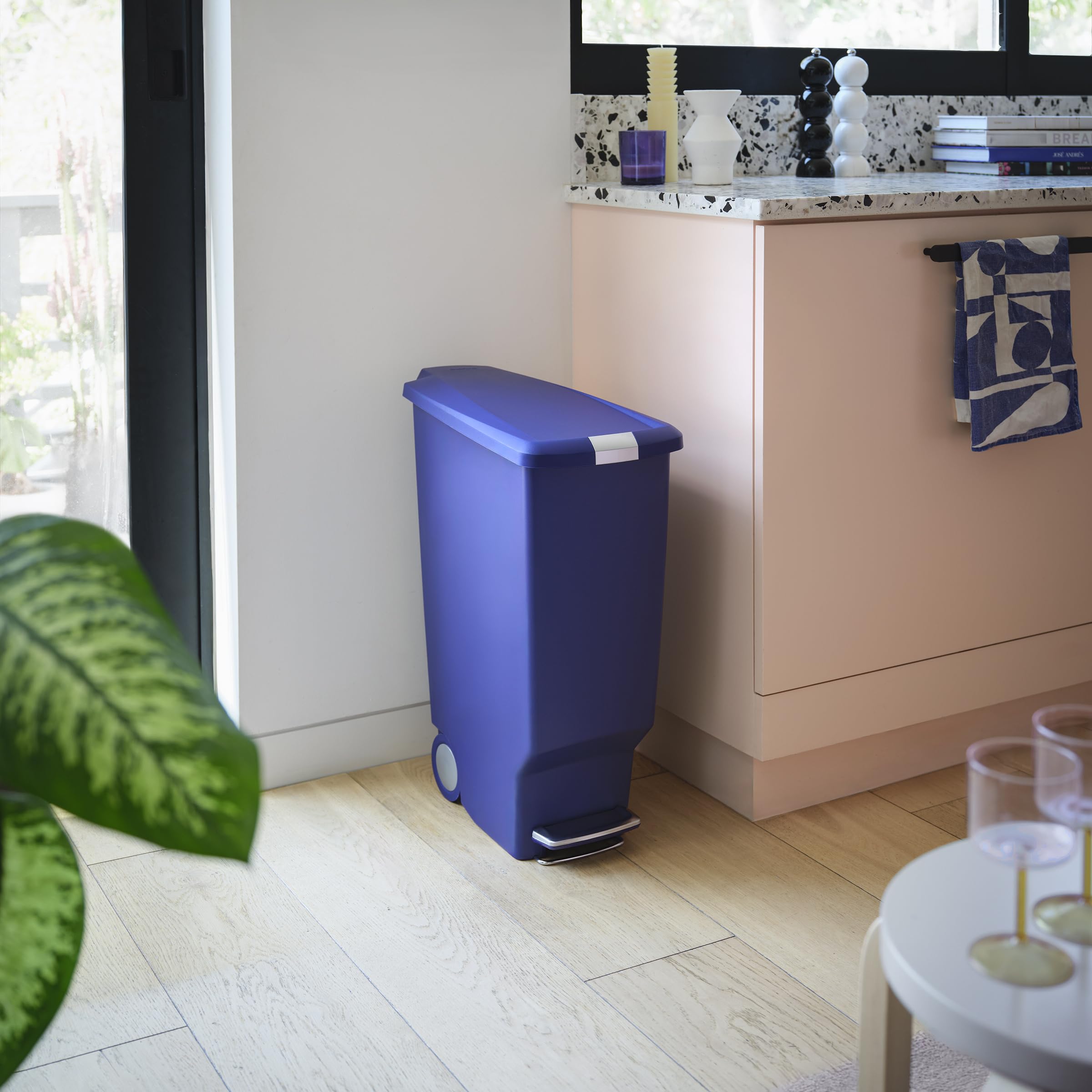 simplehuman 40 Liter / 10.6 Gallon Hybrid Slim Kitchen Step Trash Can with Secure Slide Lock, Indigo Plastic