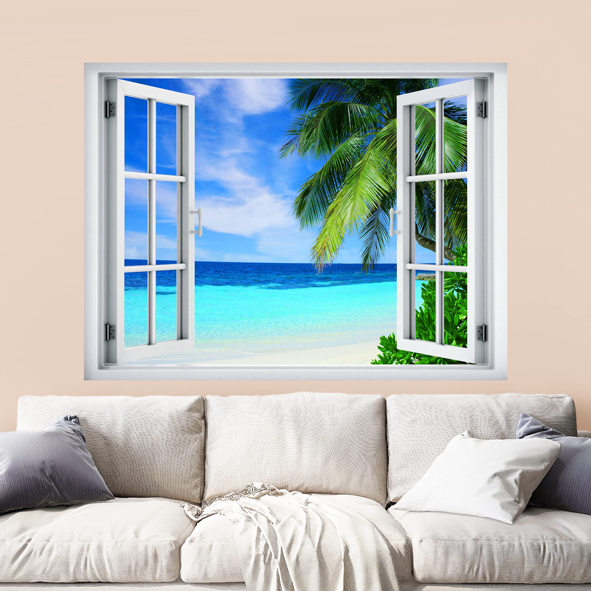 wall26 Removable Wall Sticker/Wall Mural Window View Vibrant Neon Blue Teal Tropical Ocean Beach Nature Wilderness Photography Realism Landscape Multicolor for Living Room  Bedroom  Office - 36''x48''