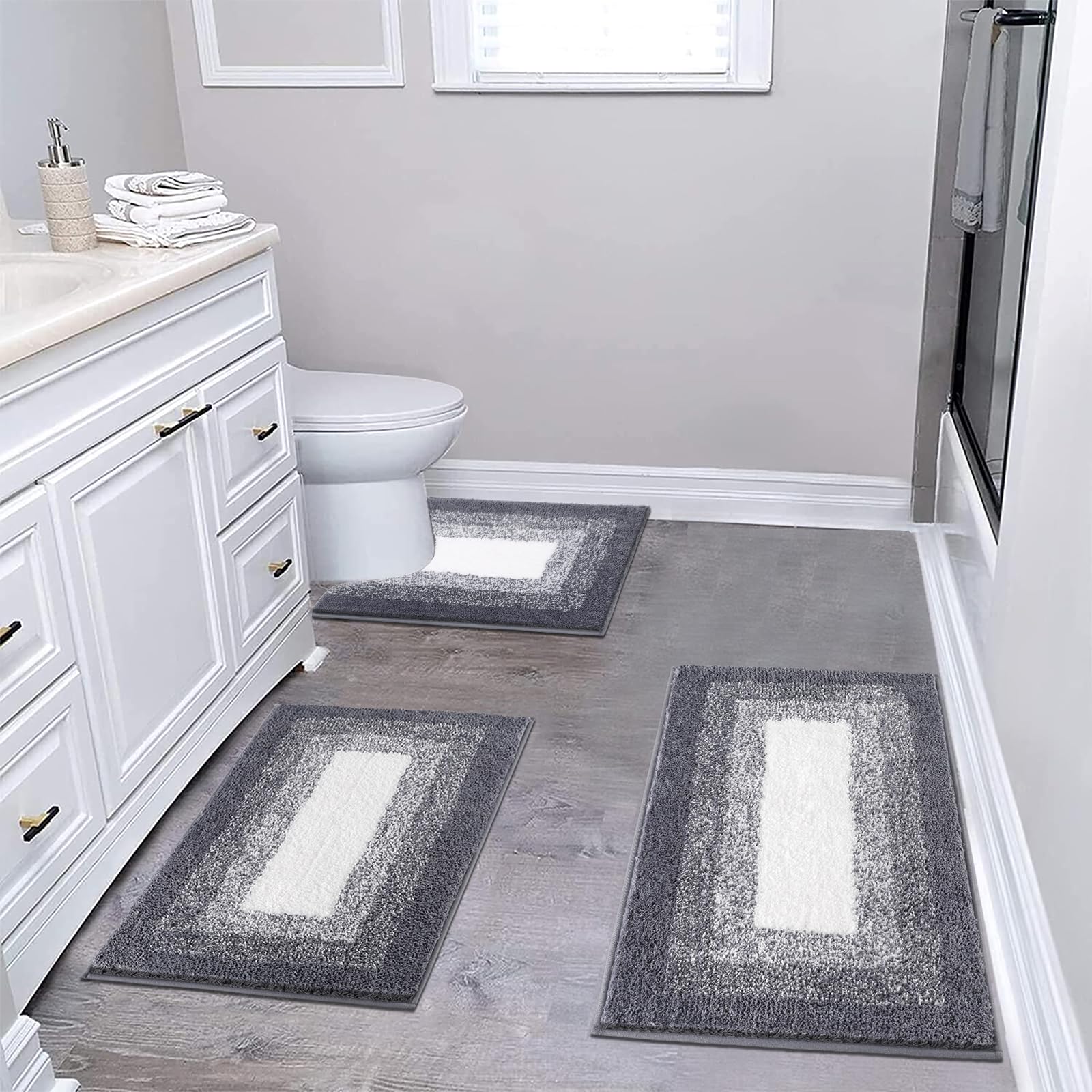 Bsmathom Bathroom Rugs Sets 3 Piece  Non-Slip Shaggy Absorbent Bath Mat Set  Machine Washable Microfiber Bathroom Mats with U-Shaped Contour Toilet Mat for Bathtub  Toilet  Dark Grey