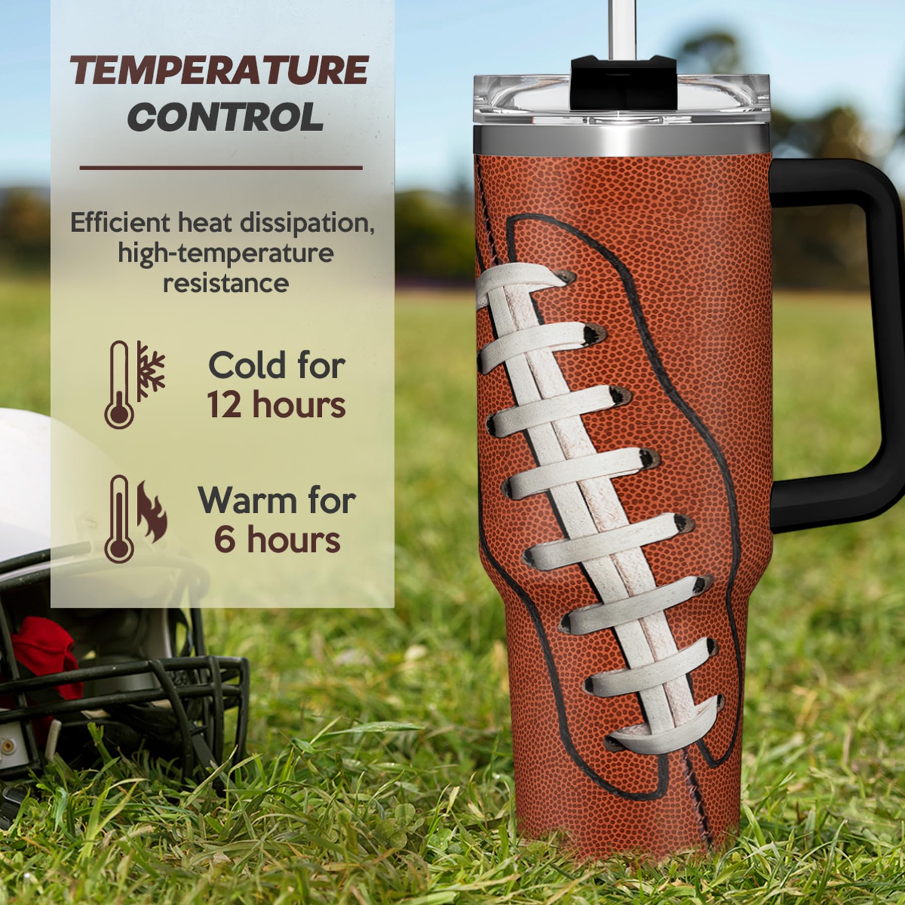 SANDJEST Football Tumbler with Handle 40oz Insulated Stainless Steel Cup with Lid & Straw, Travel Cup, Gifts for Men, Boys, Play