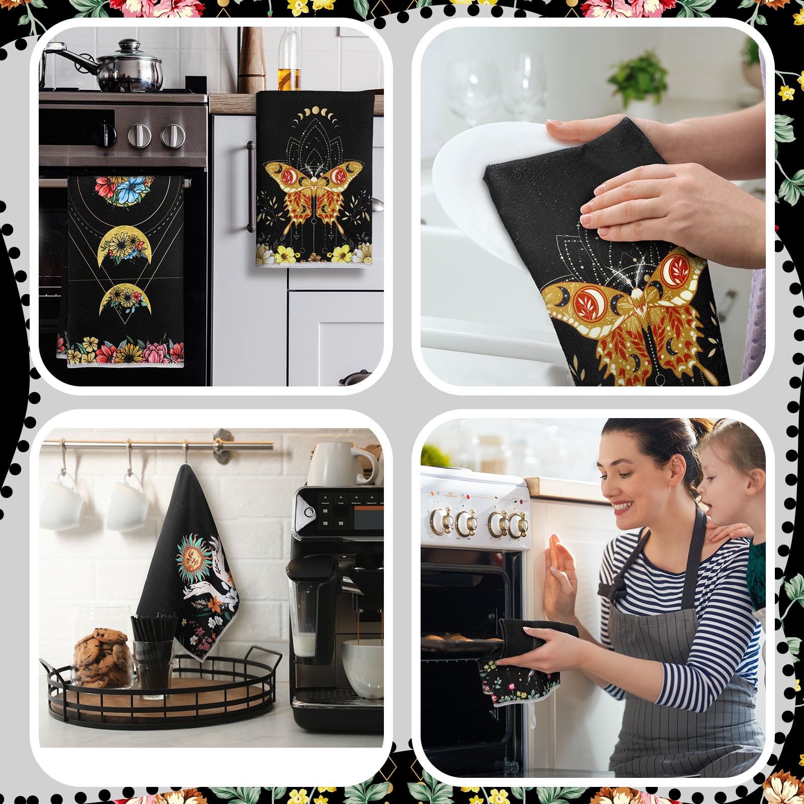 Boyiee Set Of 6 Witchy Kitchen Towels Boho Tea Towels Absorbent Mushroom Floral Dish Towels 24 X 16'' Gothic Dish Towels Sun Moo