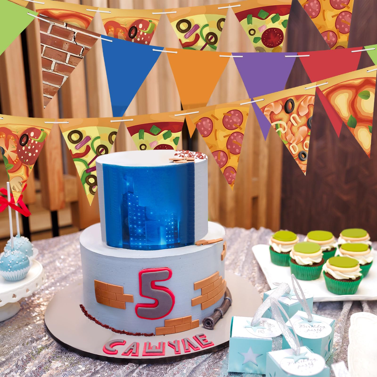FuWeave 5 Pcs Turtle Party Banners Pizza Birthday Party Decorations Paper Banner Garland Pizza Pennant Flags Green Triangular Fl