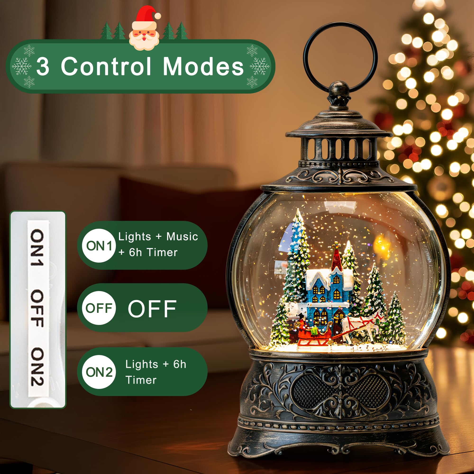 Christmas Village Snow Globe Water Lantern with Horse and Town Scene Battery Operated or USB Powered Musical Lighted Holiday Dec