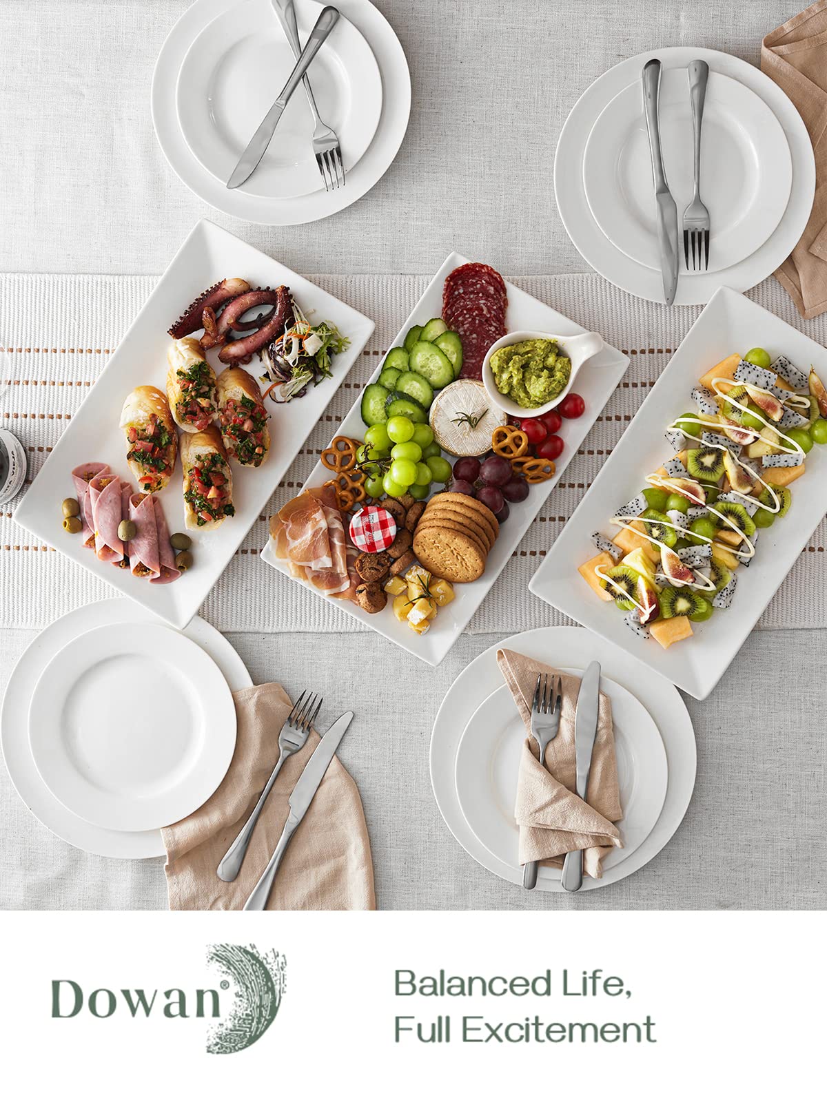 Dowan 14'' Serving Platter Set Of 3 - White Rectangle Plates And Serving Trays For Entertaining - Large Serving Dishes For Party