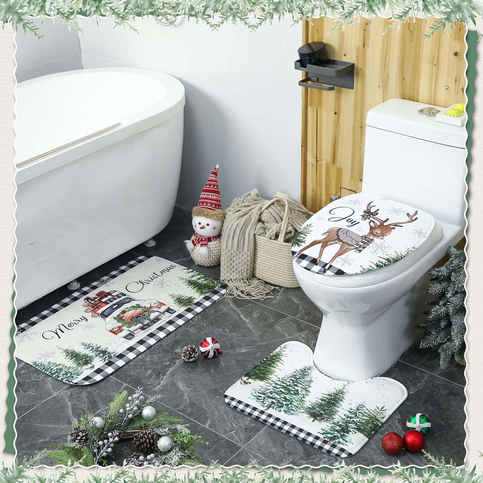 Teenyyou 4 Pcs Christmas Shower Curtains Set with Non Slip Rug Winter Christmas Bathroom Decor Toilet Lid Cover and Bath Mat Sno