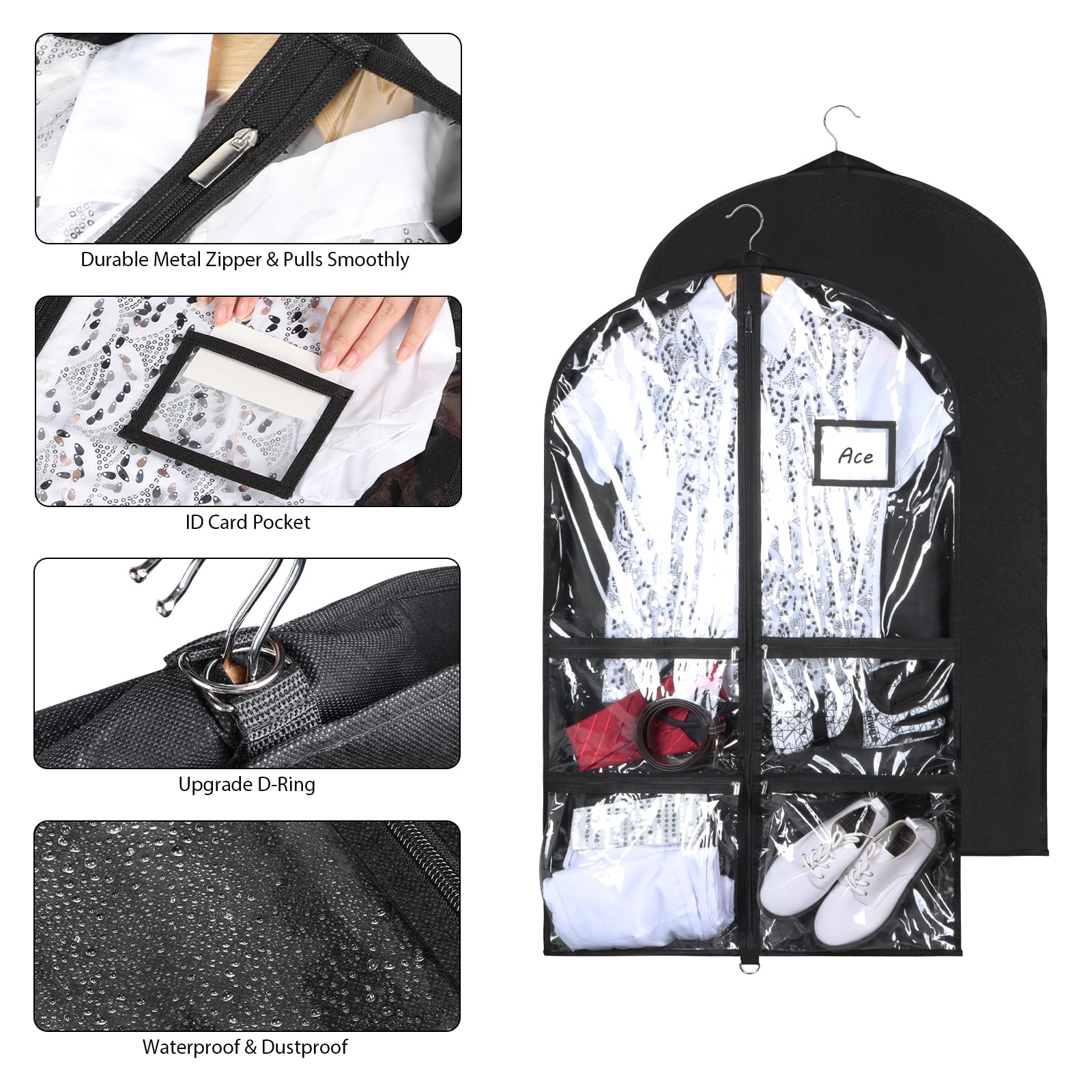 Syeeiex 3 Gusseted Clear Dance Costume Garment Bag, 40 Dance Garment Bags for Dancers with 4 Zippered Pocket & Can Hold 1-3 Da