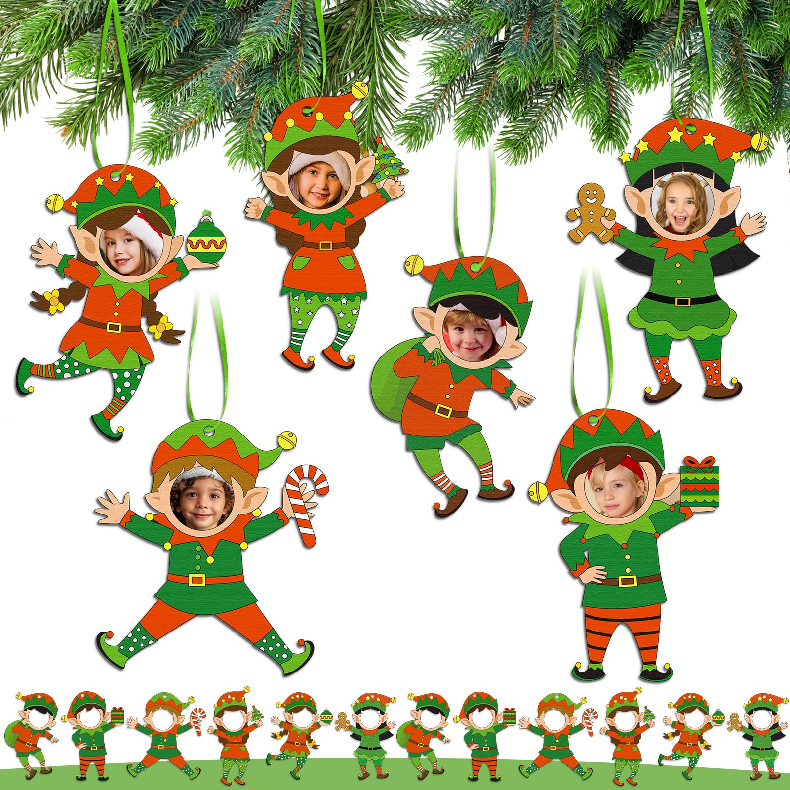 18PCS Christmas Elf Wooden Picture Frame Ornaments - Xmas DIY Photo Hanging Decorations Tree Stocking Decor