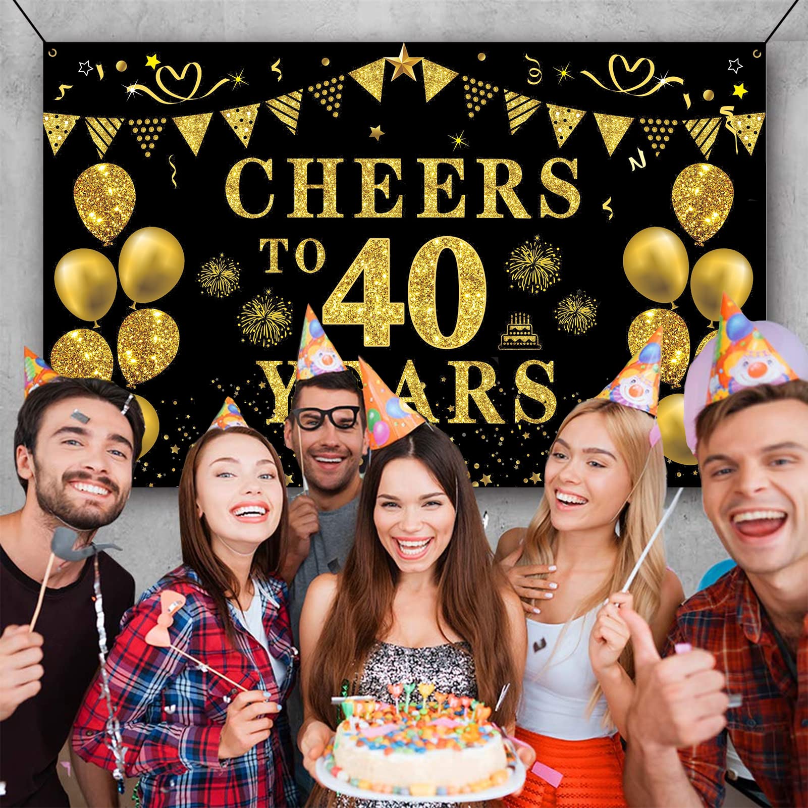 Trgowaul 40Th Birthday Decorations For Women Men, Cheers To 40 Years Banner, Black And Gold 40Th Birthday Backdrop, 40Th Wedding