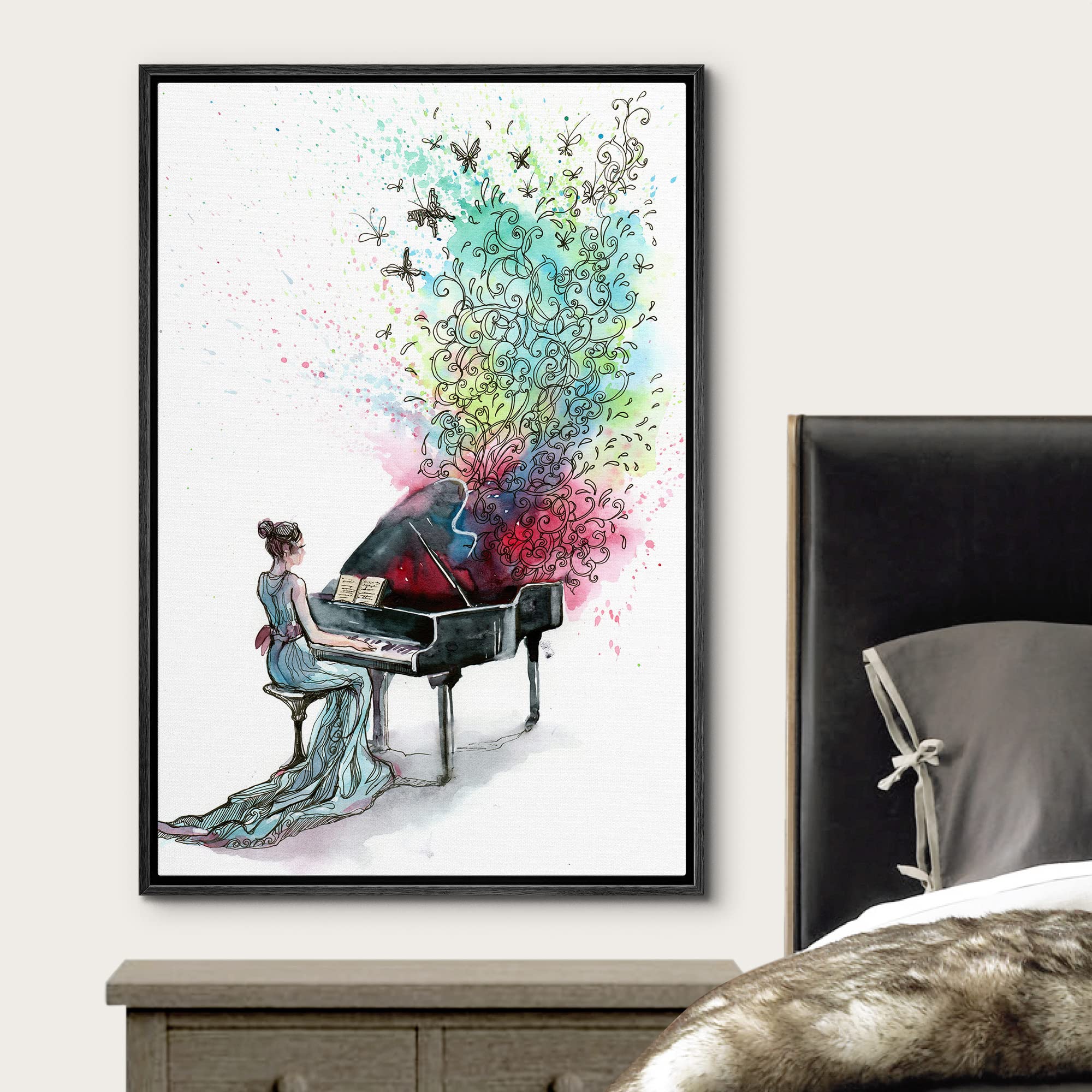 Wall26 Framed Canvas Prints Wall Art - Grand Piano Music - 16''X24'' Black
