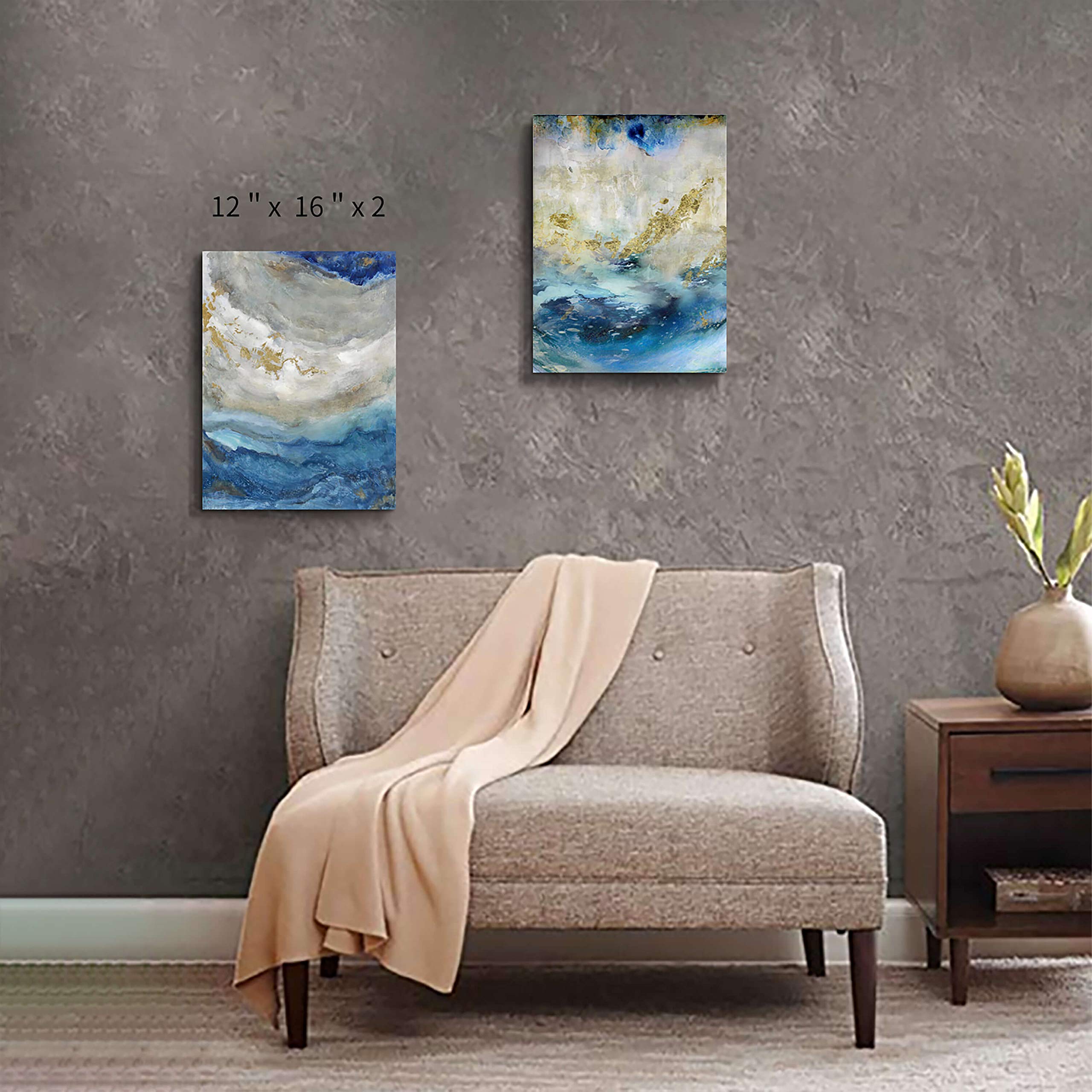 Blue Abstract Canvas Wall Art: Beige Print Picture Artwork For Bathroom Without Hand Painted Gold Foils For Small Size(16'' X 12