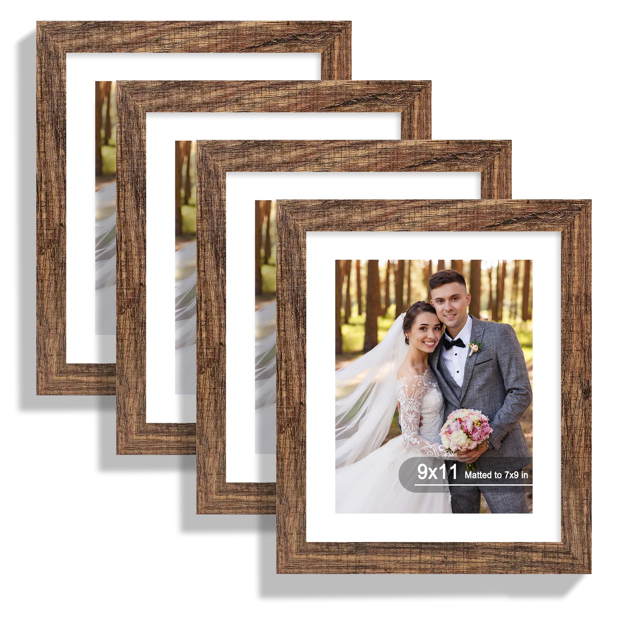 Hongkee 9x11 Picture Frame Set of 4, Made of Real Glass and Rustic Brown Frame - Display Picture 7x9 with Mat or 9x11 Without Ma