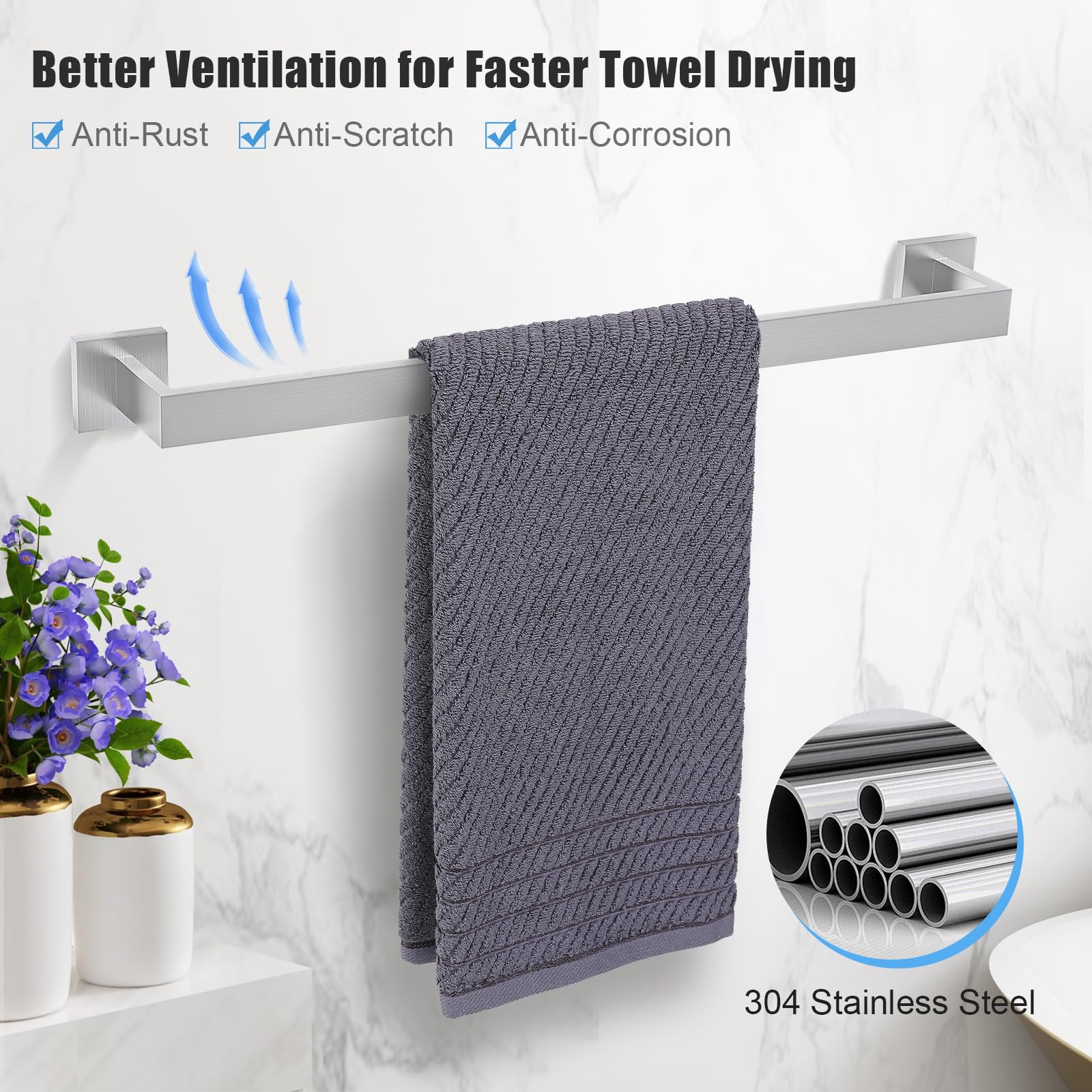TURS 5-Piece Bathroom Hardware Set Brushed Nickel Towel Bar Set Bath Towel Holder Sets Hand Towel Holder 2 Towel Hooks  SUS 304 Stainless Steel  Q7BR-P5