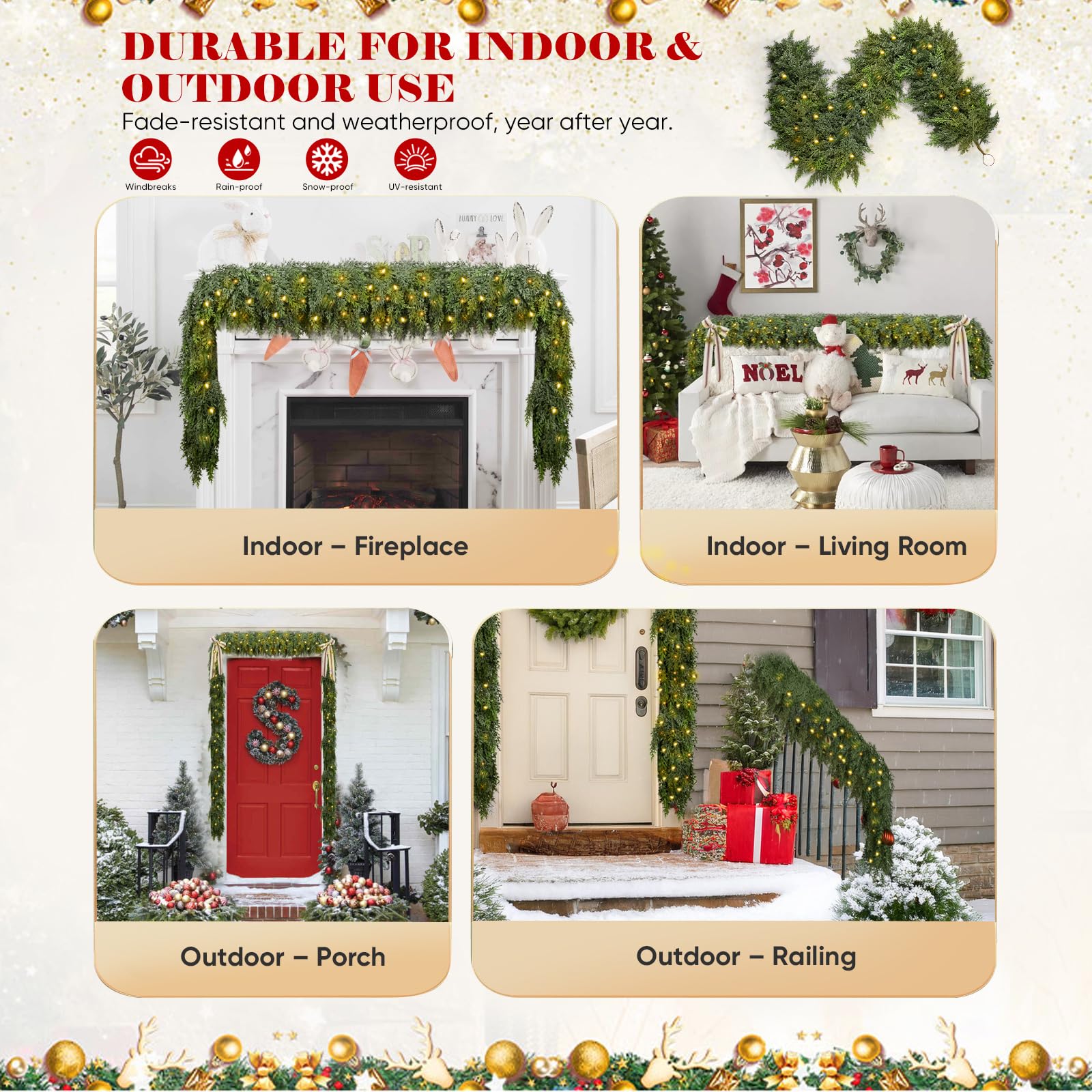 9FT Thick Pre-lit Christmas Garlands with 240 Cedar Branches, 50 Lights, Green Cedar Garland for Christmas Decorations, Artifici