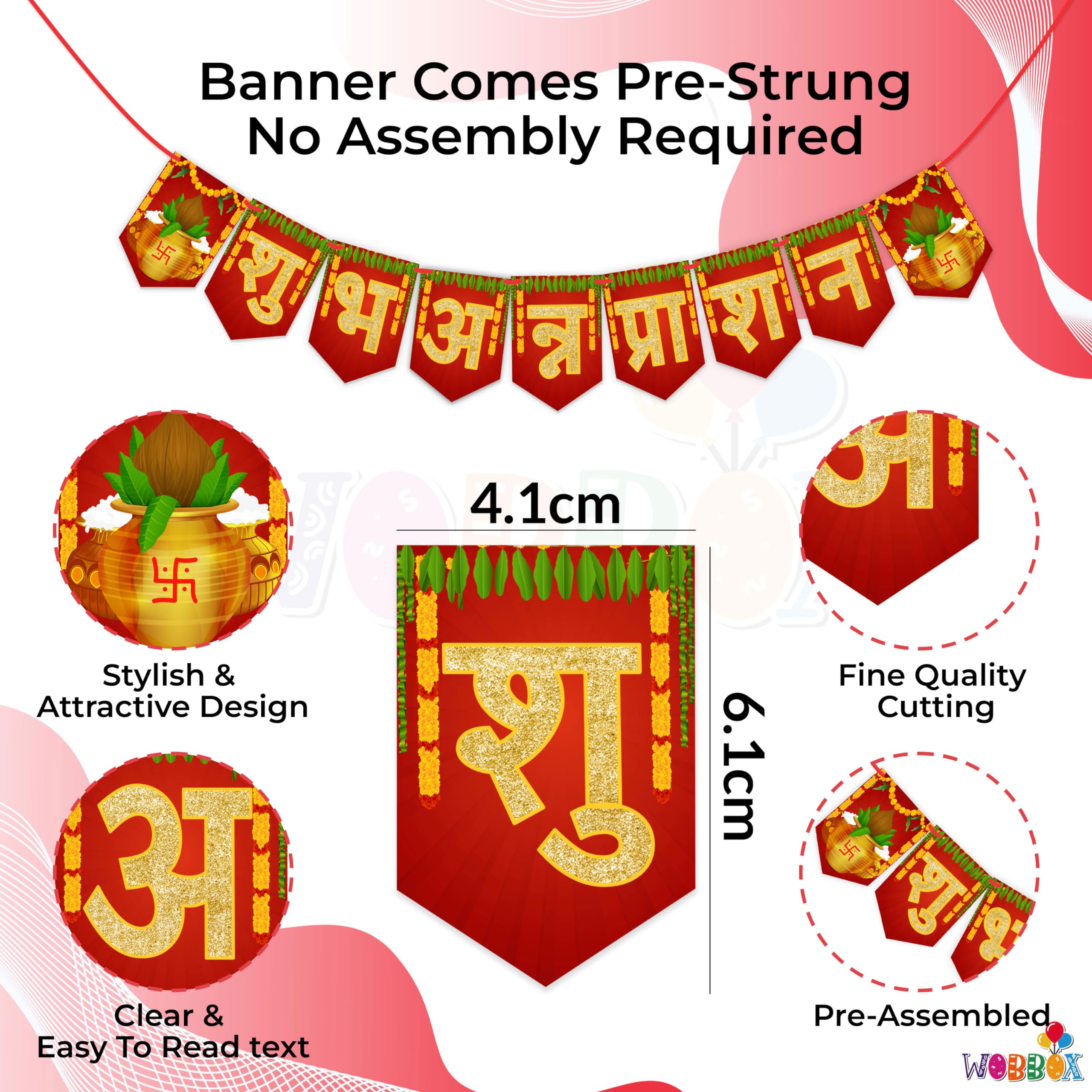 WOBBOX Photo Booth Party Props with Bunting Banner Hindi Shubh Annaprashan Red & Golden Gliter Color Font, Decoration Item