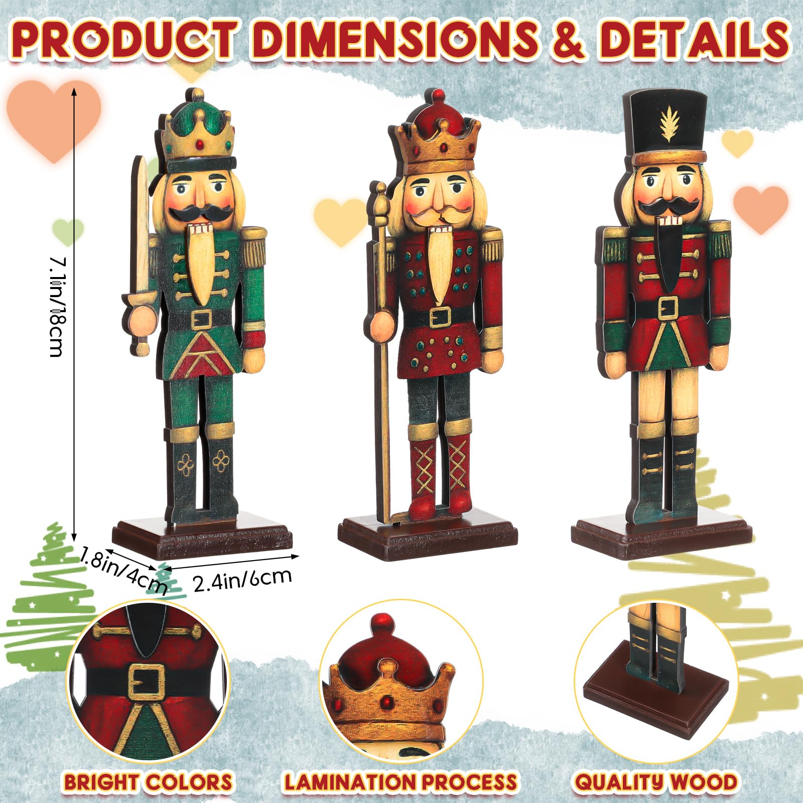 Thyle 3 Pcs Christmas Nutcracker Soldier 7 in Wooden Traditional Christmas Nutcrackers Figures Wood Veneer Vintage Xmas Tabletop