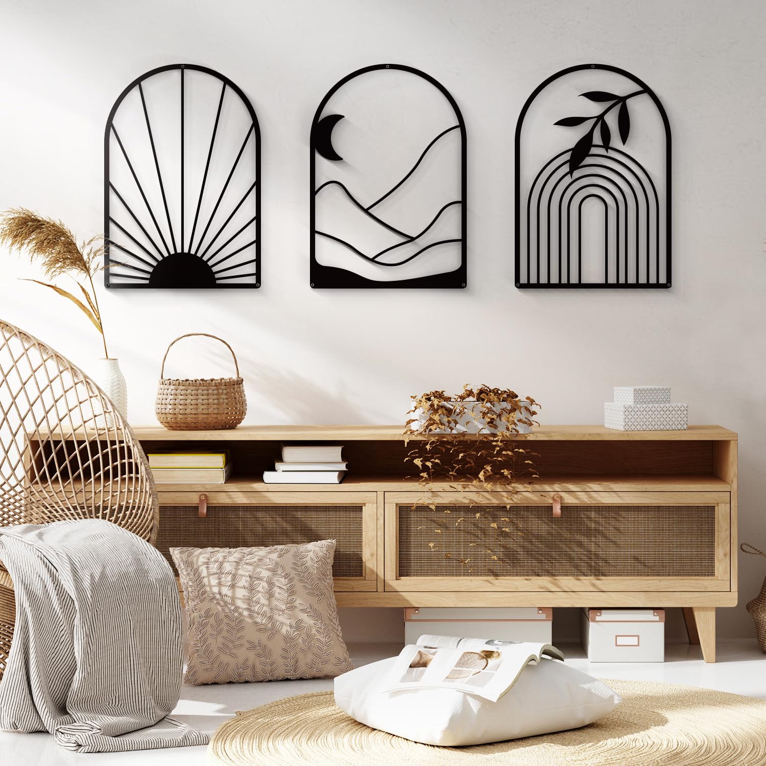 Sokurdeg Black Metal Wall Decor Minimalist Line Wall Art Bohemian Wall Hanging for Bedroom Bathroom Living Room (3 Pack, 12 x 17