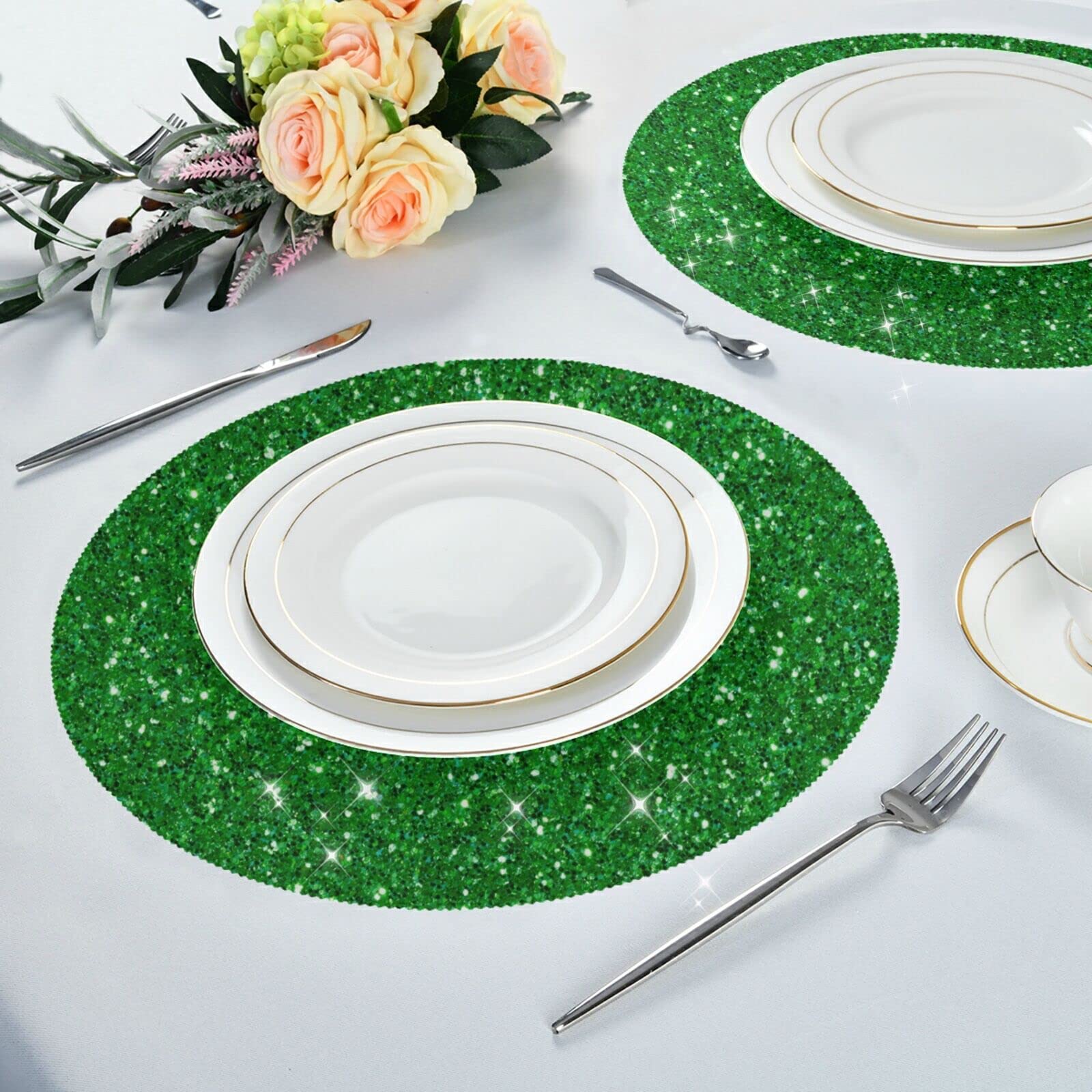 Green Placemats Round Placemats Glitter Sparkle Placemats for Kitchen Table Mats Place Mats for Kids Chrismats Placemats for Weeding Party -15.4 inch Placemats Set of 6