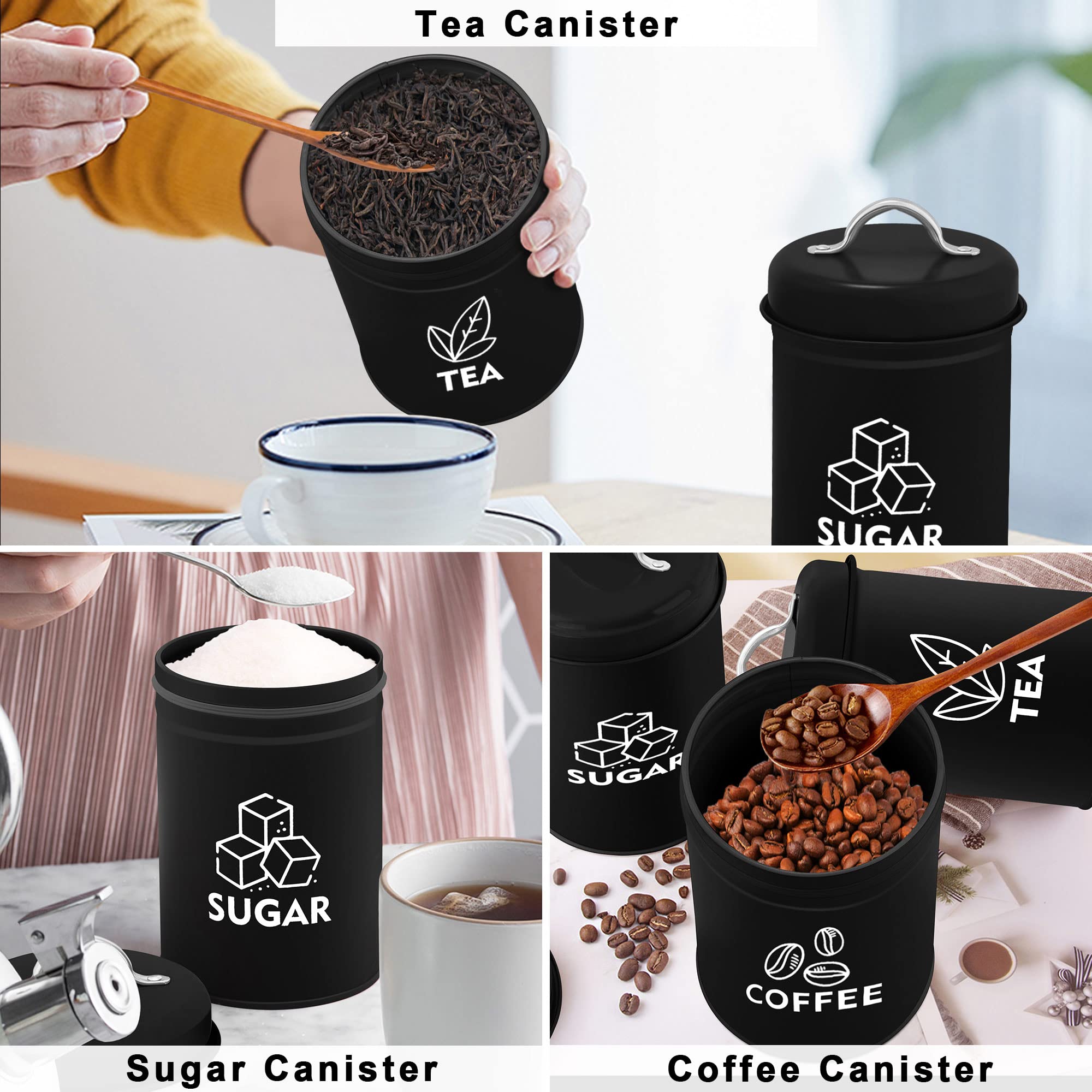 Teamfar Kitchen Canisters Set Of 3, Coffee Sugar Tea Canister Sets For Kitchen Counter, Black Metal Farmhouse Decor Storage Cont