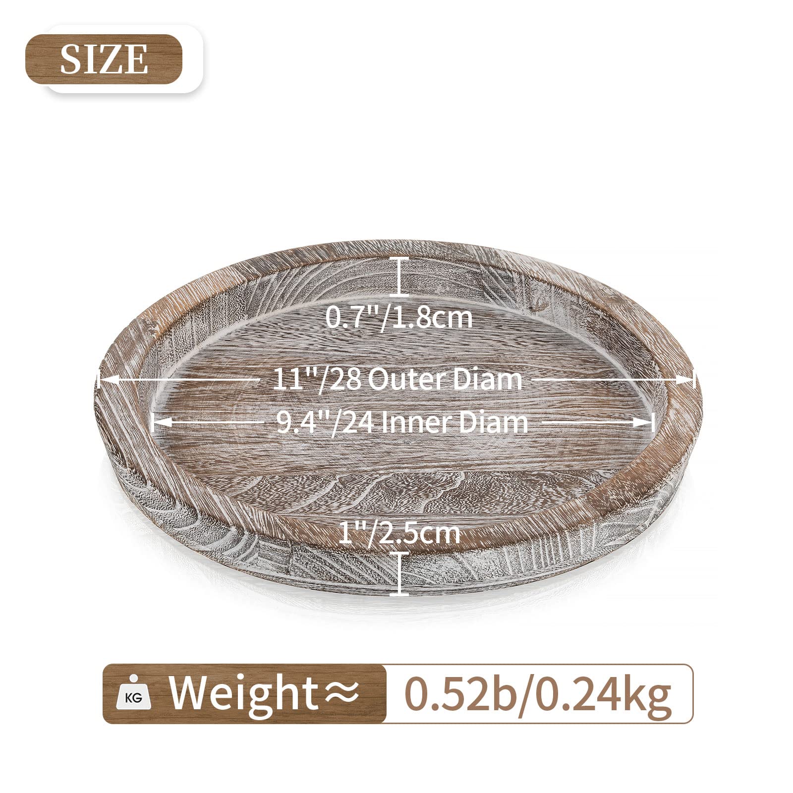 Hanobe Whitewash Wooden Round Serving Tray - Farmhouse Decor For Coffee Table, Kitchen Counter